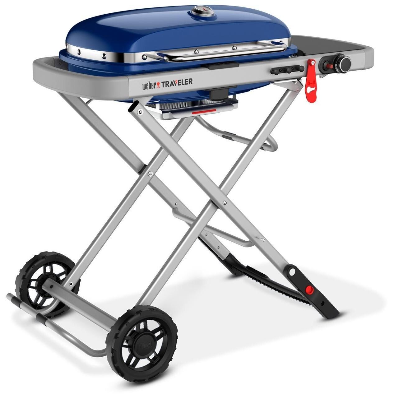 Weber Traveler 9020001 Portable Propane Gas Grill - Deep Ocean Blue - Left-Side Angled View - White Background thumbnail
