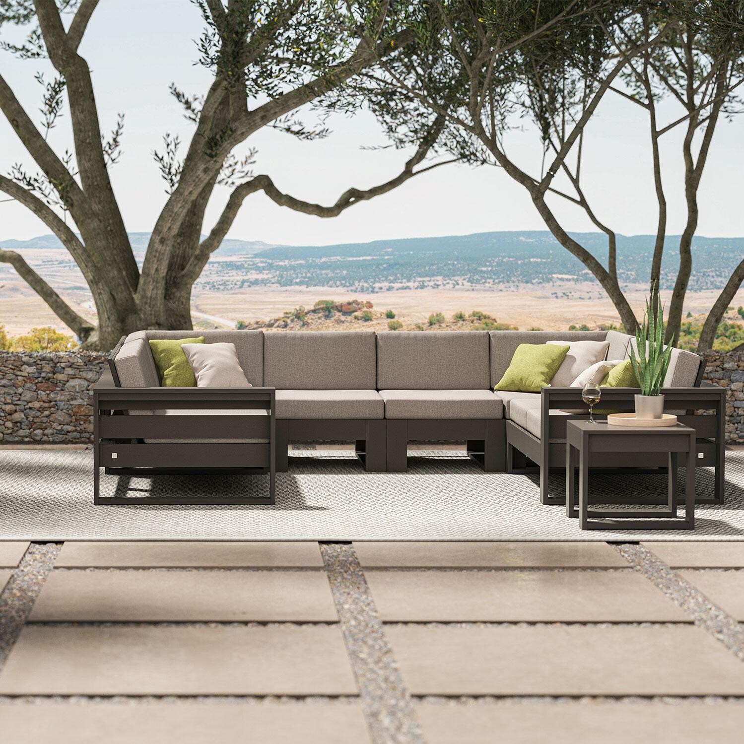 Latitude 6 Person Sectional Sofa in Vintage White/Dune Burlap By PW Designer Series - Shown in Vintage Coffee/Vintage Charcoal Finish - Patio - Lifestyle thumbnail