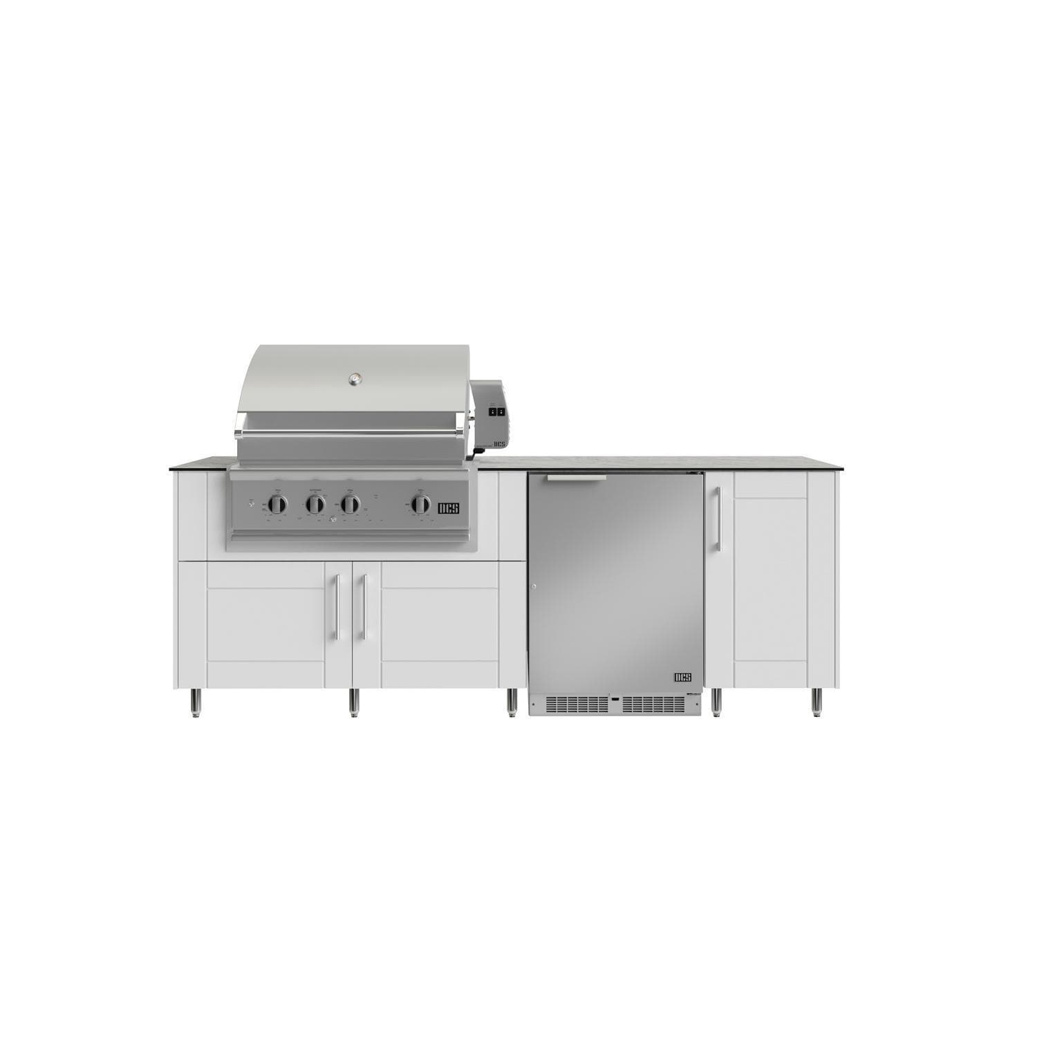 WeatherStrong Bimini 7 1/2 Ft Outdoor Kitchen Island w/ DCS Natural Gas Grill & Refrigerator in Shell White/Glacier Frost