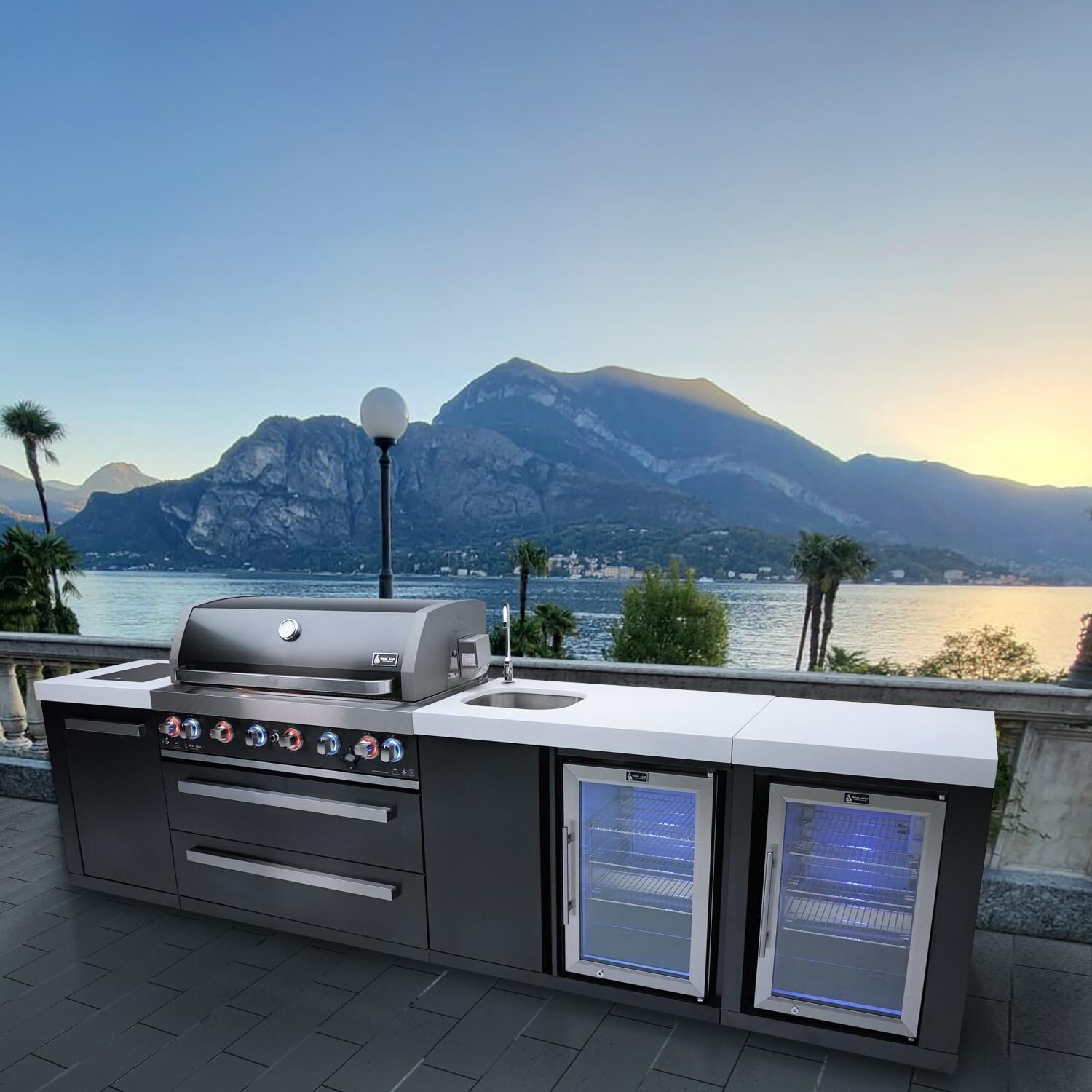Mont Alpi MAi805-BSSBEVFC 805 Deluxe Natural Gas Island Grill W/ Beverage Center, Refrigerator Cabinet, Infrared Side Burner, & Rotisserie Kit - Black Stainless Steel - Lifestyle