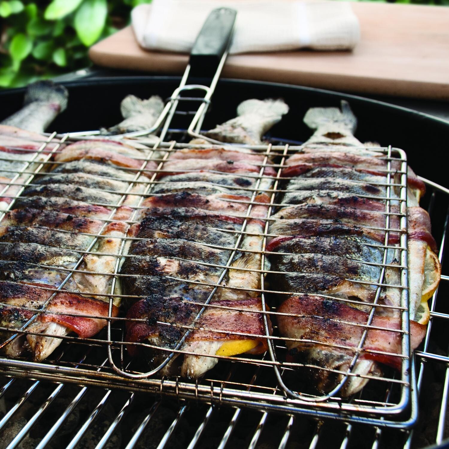 Steven Raichlen Stainless Steel Trout Grilling Basket - In Use thumbnail