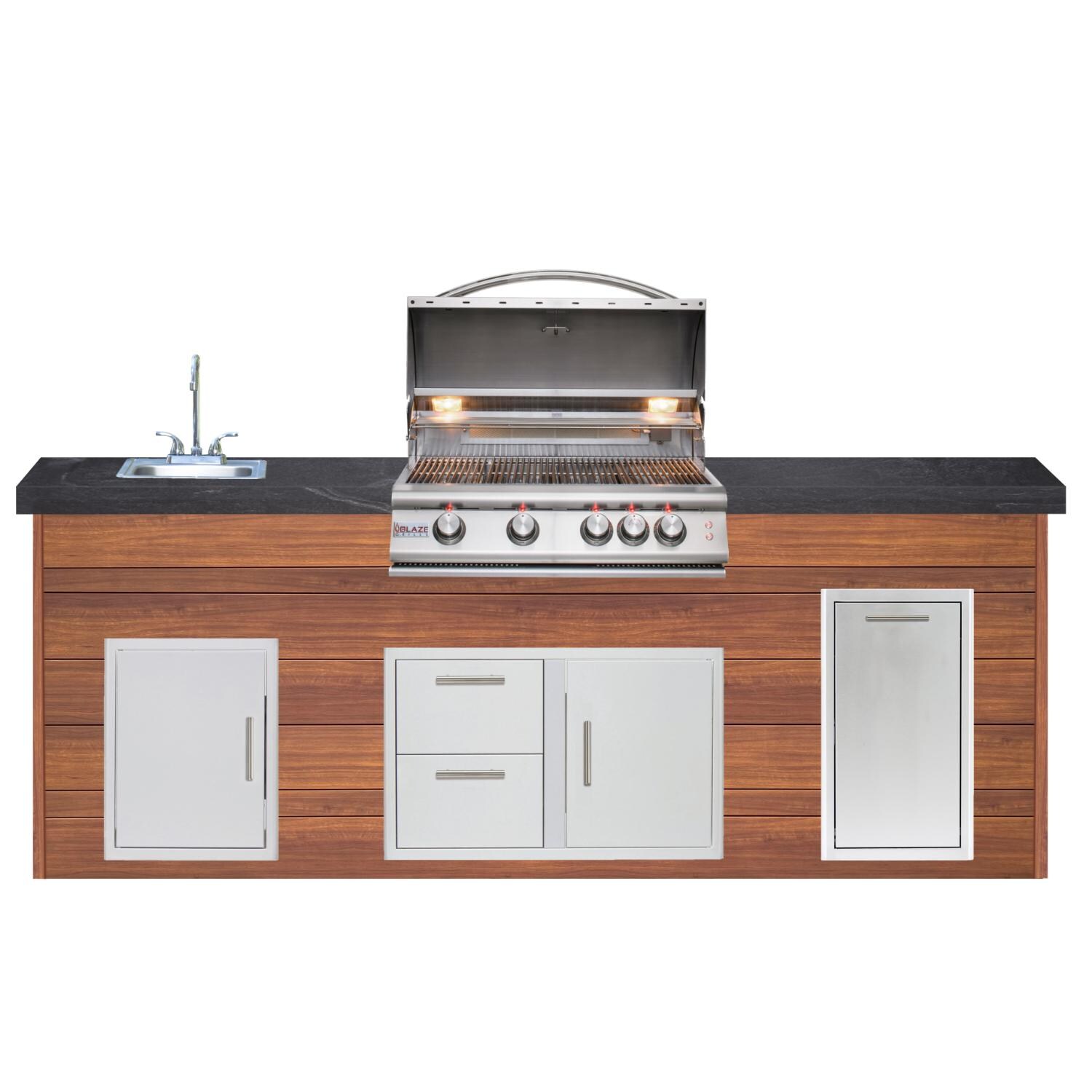 BBQGuys Signature 8ft Luxury Outdoor Island W/ Blaze Premium LTE 32-Inch Propane Grill & Summerset 15-Inch Sink - Light National Walnut Aluminum W/ Black Polished Granite