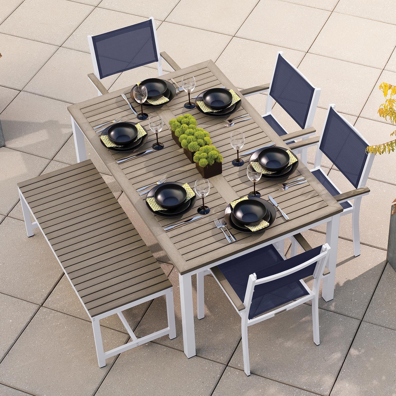 Oxford Garden Travira 6 Piece Chalk Aluminum Patio Dining Set W/ Ink Pen Sling Armchairs, 63-Inch Rectangular Vintage Tekwood Table & Backless Bench thumbnail