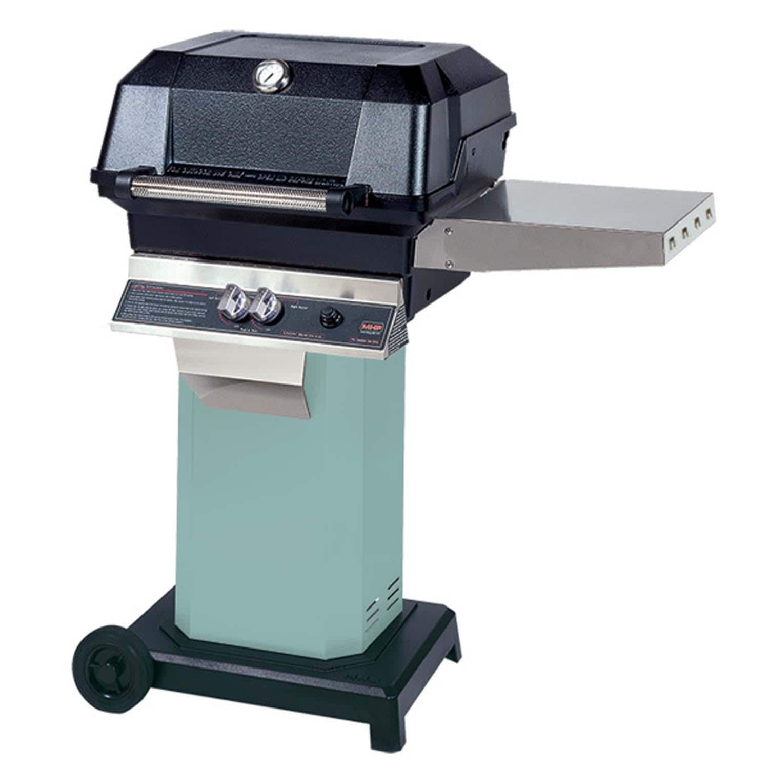 MHP JNR Propane Grill Head w/ Drop Down Shelves on Aqua Fire Grill Column w/ Portable Base - JNR4DD-P + OCOLAQ + OC-P