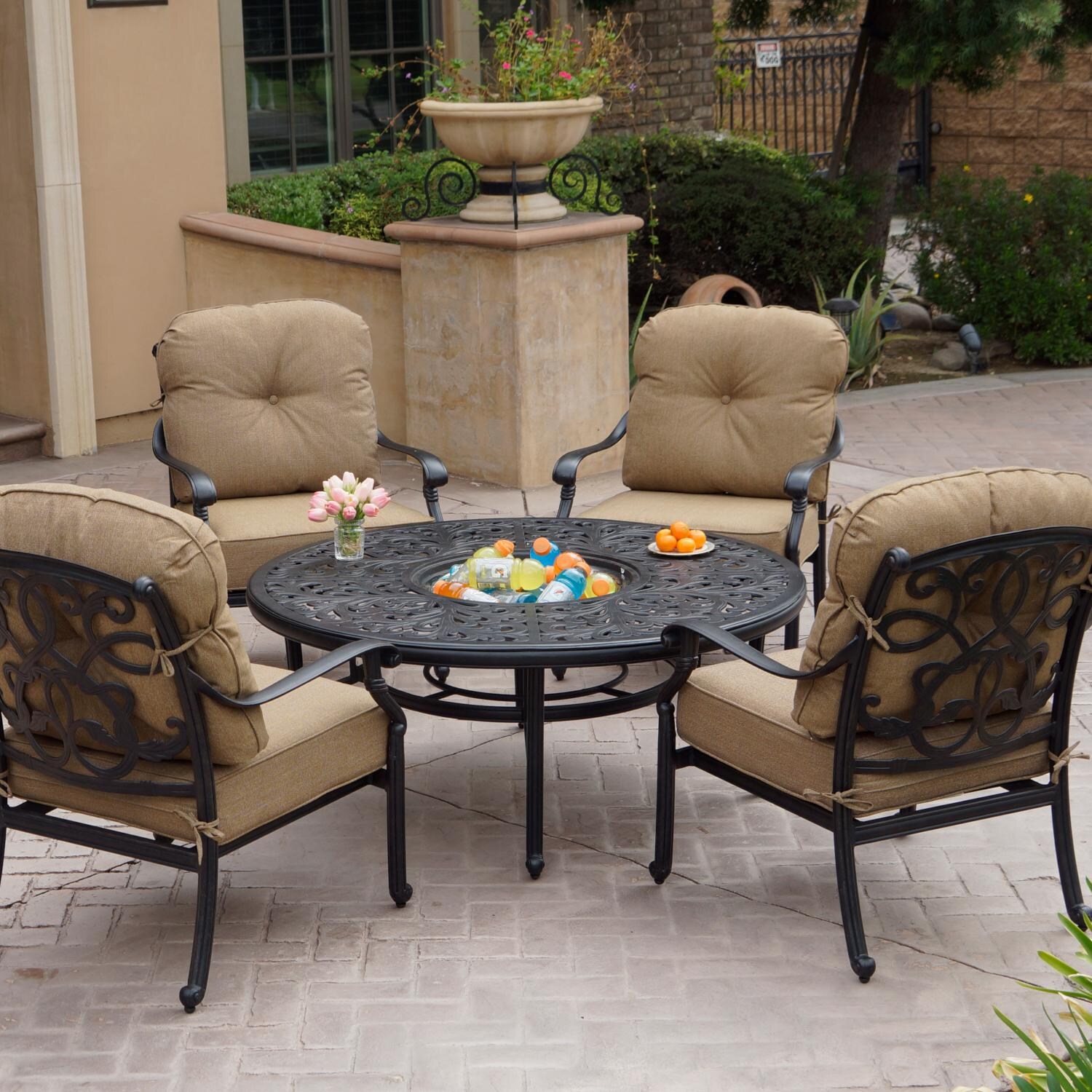 Darlee DL2058-5PC-80Q  Santa Monica 5 Piece Cast Aluminum Patio Conversation Seating Set W/ Ice Bucket Insert & Sesame Cushions thumbnail