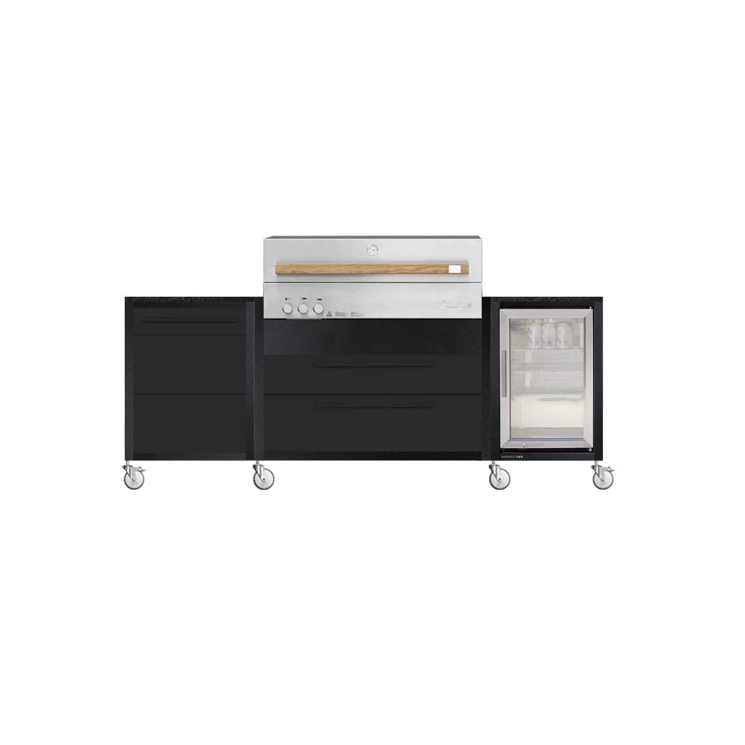Burnout BBQ Modular Outdoor Fully Lit Kitchen Island on Casters w/ Flammkraft Model D Built-In Grill, Caso 2.2 Cu Ft Refrigerator, and Propane Pullout- Shadow - White Background thumbnail