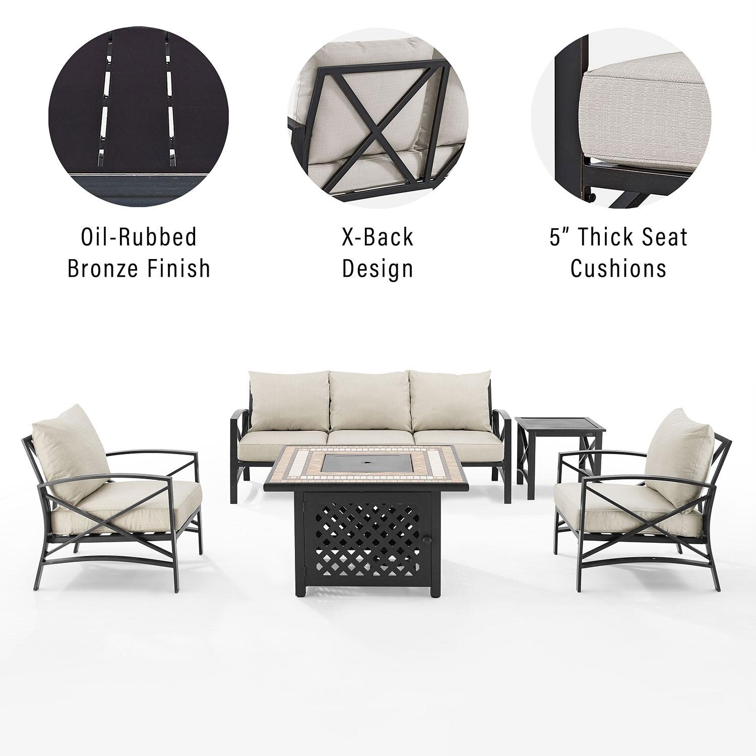 Ultimate Patio UP-82267BZ-OL 5Pc Outdoor Sofa Set W/ Fire Table in Oatmeal - Patio Furniture Features - Diagram thumbnail