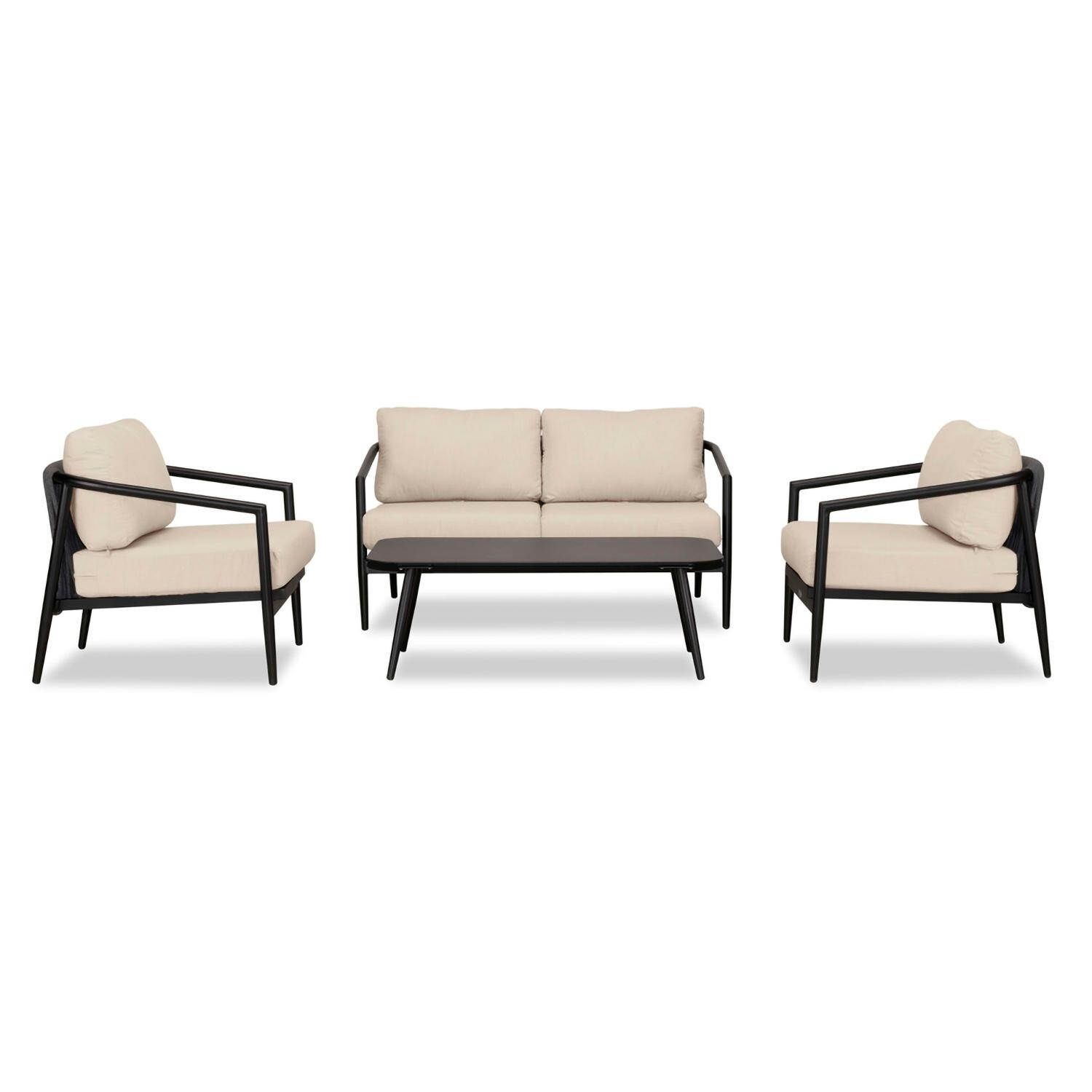 Lakeview Midnight Cove 4 Pc Aluminum Loveseat Seating Set in Black/Carbon/Canvas Flax - Front - White Background thumbnail