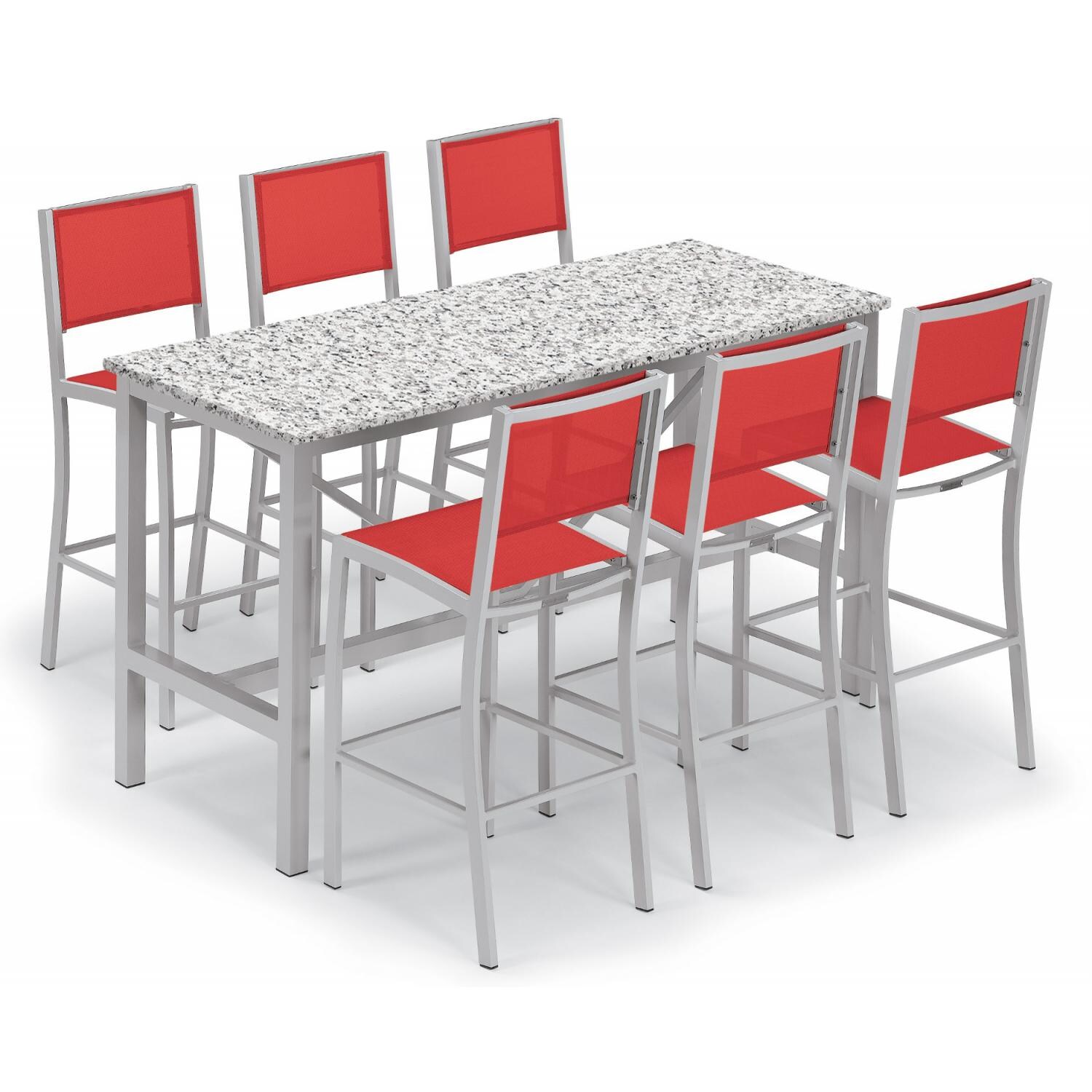 Travira 7 Piece Aluminum Patio Bar Set W/ 72 X 30 Inch Rectangular Table and Lite-Core Ash Tabletop By Oxford Garden - Red Sling thumbnail