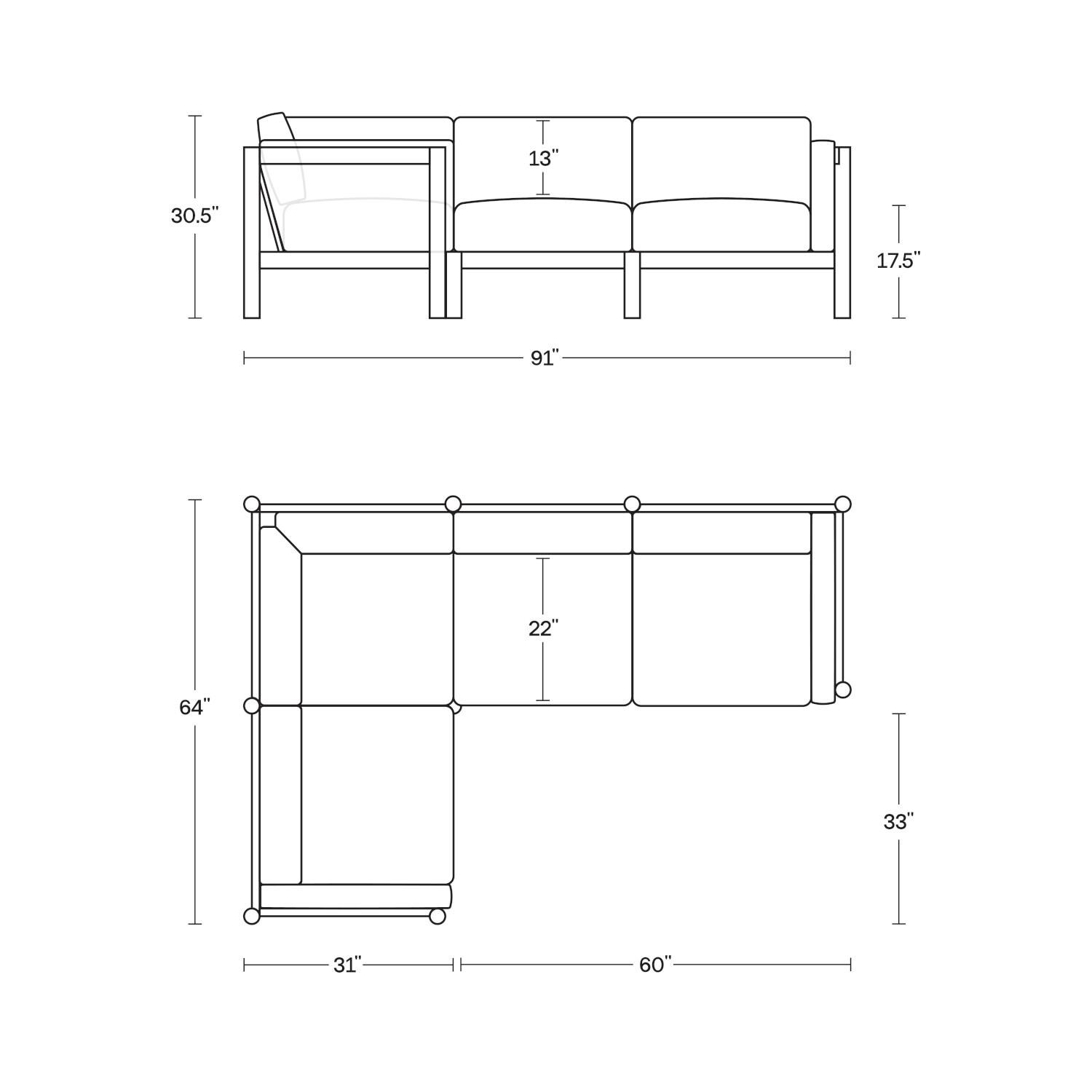 Neighbor SECT4 - RU 4 Piece Sectional W/ Sunbrella Cushion Arms - Dimensions thumbnail