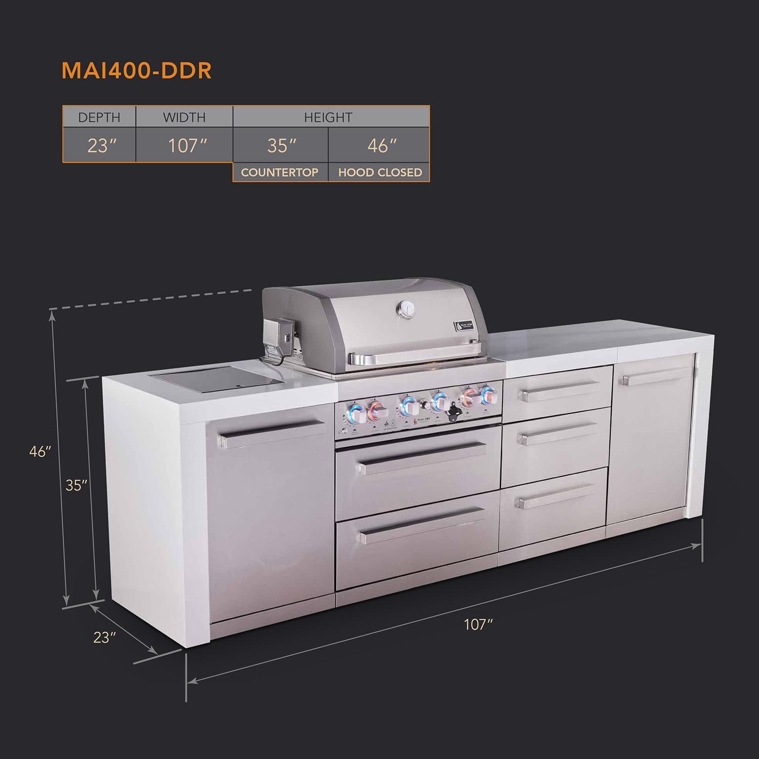 Mont Alpi Deluxe Series 7 Ft Natural Gas Outdoor Kitchen Island w/ 32-in Grill, Side Burner & Triple Drawer (Ships Propane w/ Conversion Kit) - Dimensions - Dimensional thumbnail