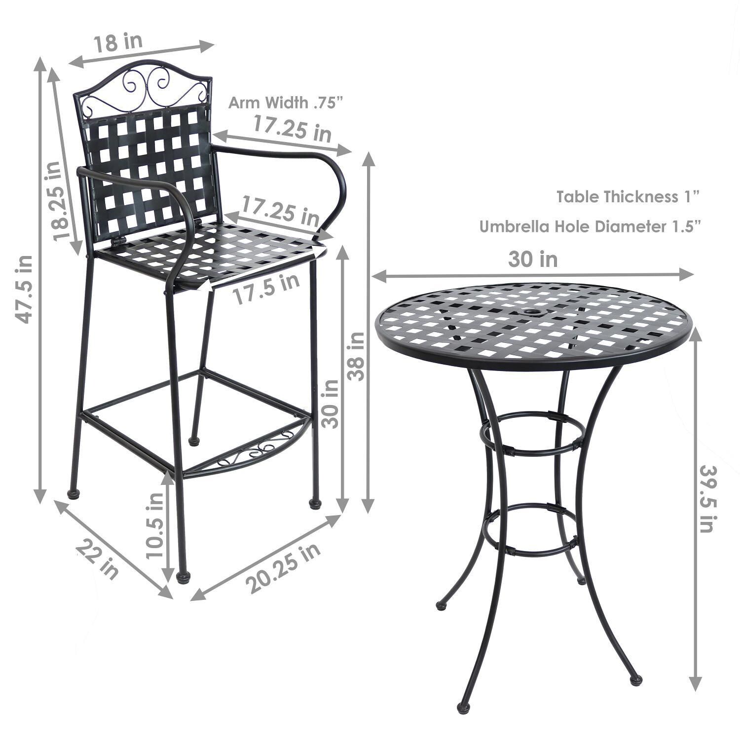 Ultimate Patio 3-Piece Wrought Iron Patio Bar Set With Scrolling Design - Black - Dimensions thumbnail