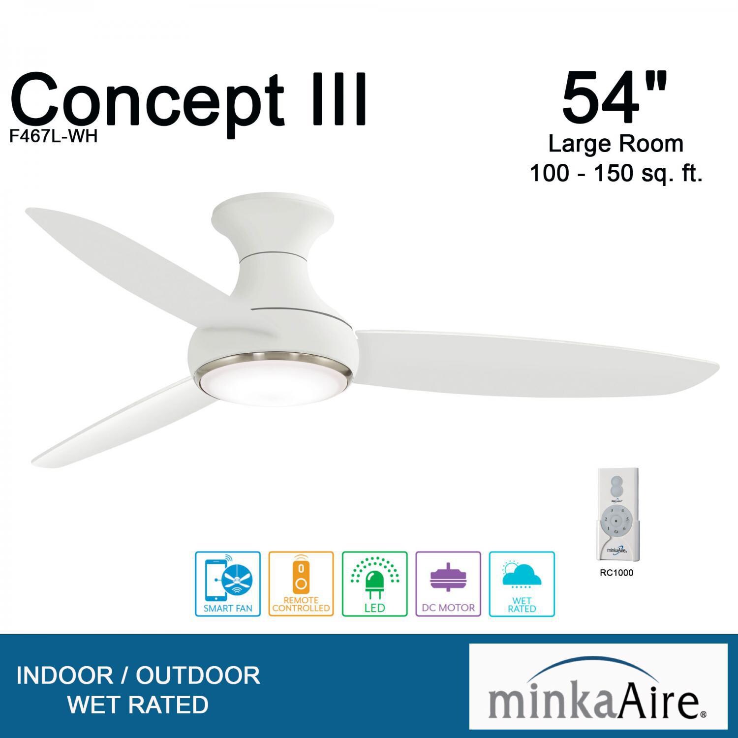 Minka-Aire F467L-WH Concept III 54-Inch 3-Blade LED Smart Ceiling Fan in White Finish W/ White Blades W/ Etched Opal Glass - Ratings thumbnail