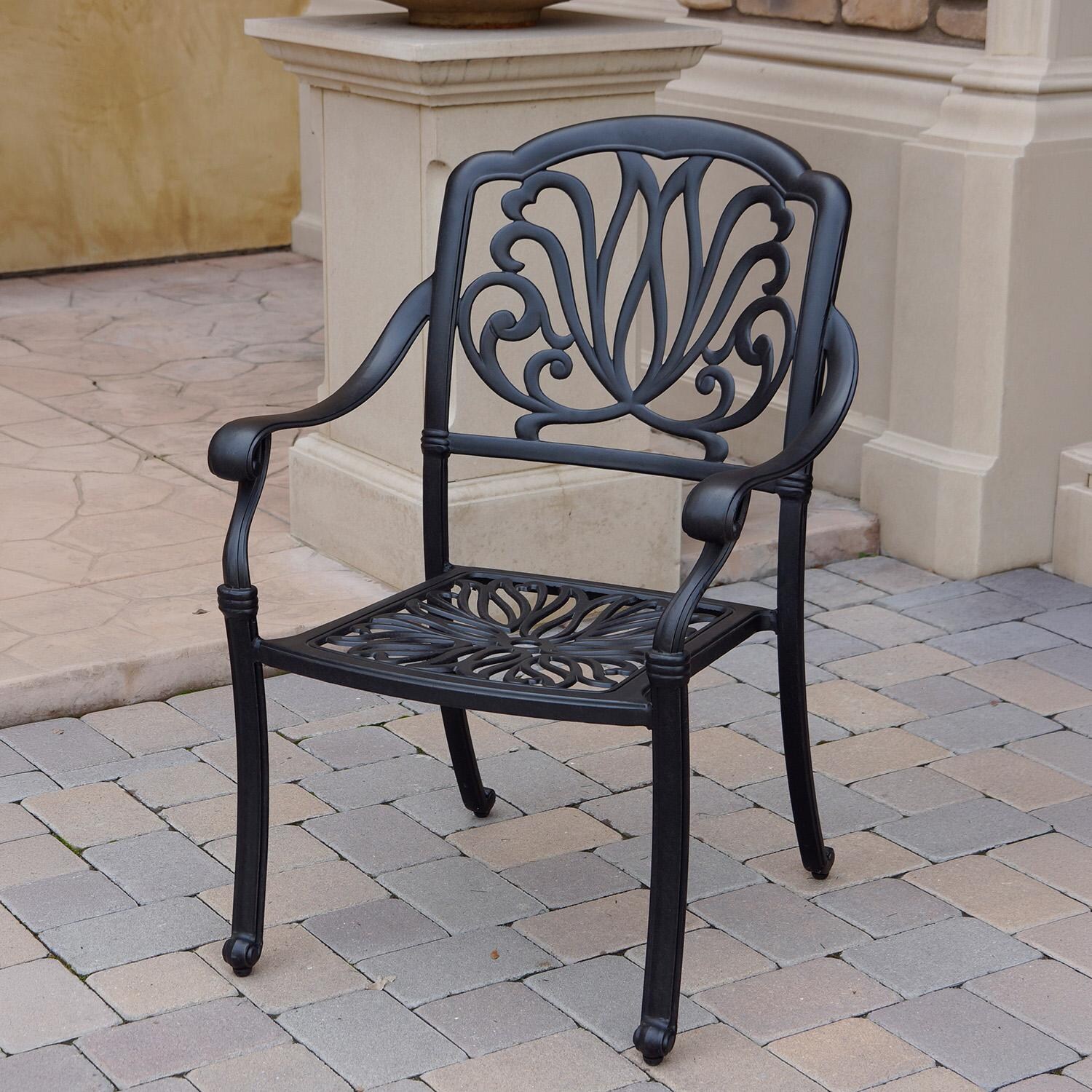 Darlee Elisabeth 7 Pc Cast Aluminum Fire Pit Dining Set w/ 60 Inch Round Signature Table in Antique Bronze/Beige - Chair w/ no Cushion - Lifestyle thumbnail