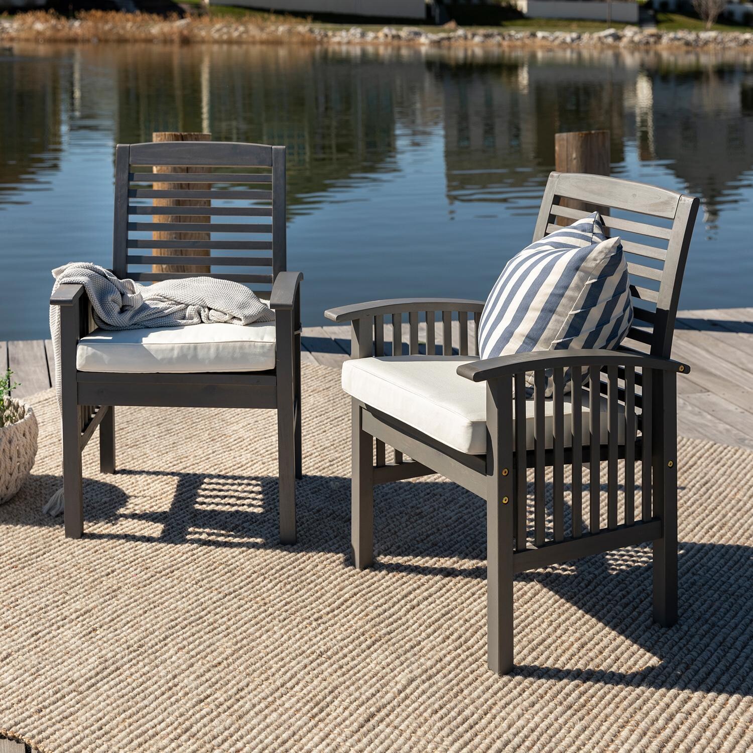 Ultimate Patio Horizon Way 2 Piece Acacia Patio Dining Arm Chair Set W/ Off-White Cushions - Gray Wash - Lifestyle View thumbnail