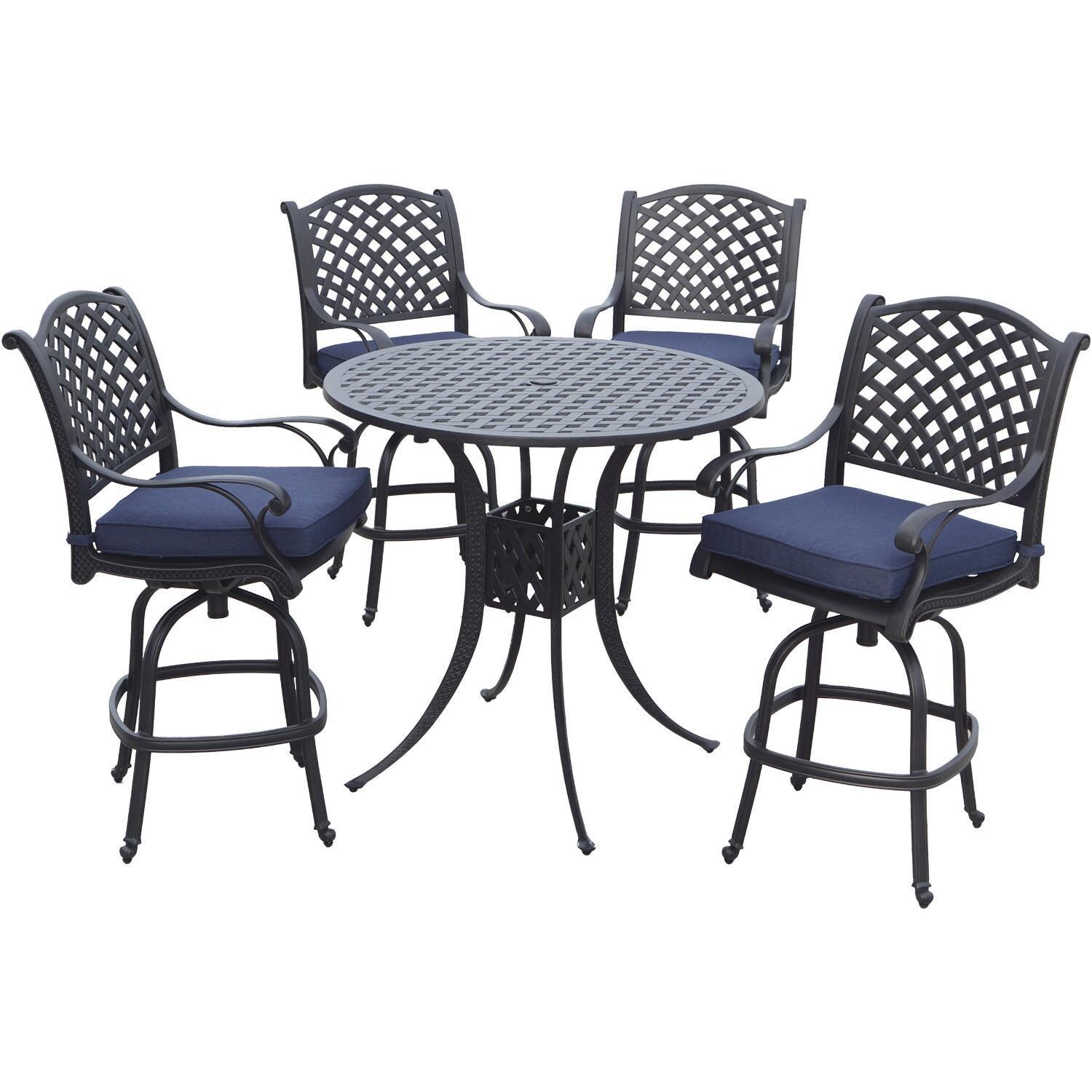 Darlee Nassau 5-Piece Patio Bar Set with Navy Blue Cushions and 42 Inch Round Bar Table - Set - White Background thumbnail