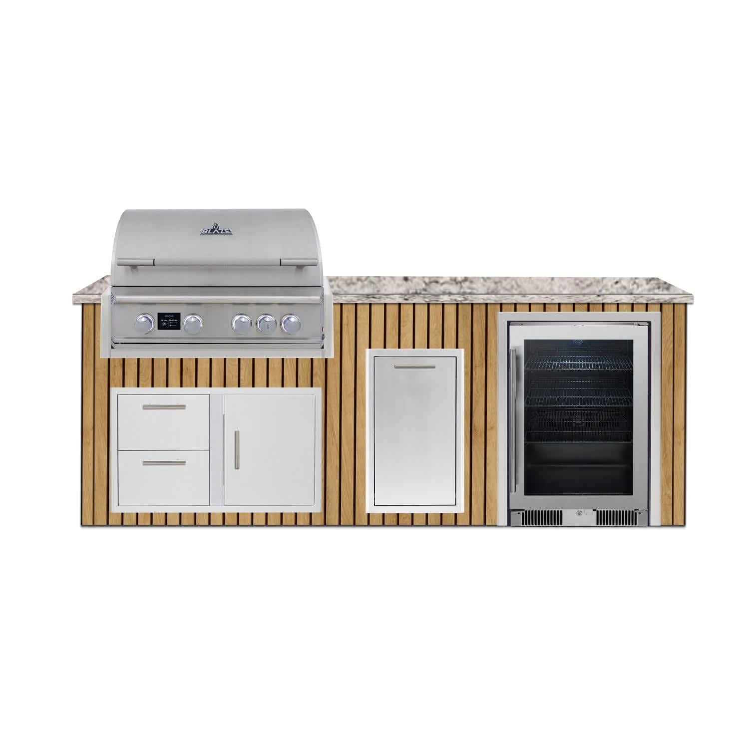 BBQGuys Signature 8 Ft Outdoor Kitchen Island w/ 32-in Blaze LTE PRO Propane Grill, 20-in Beverage Center & Narrow Tash Bin | Sun Bleached Oak w/ White Valley Granite