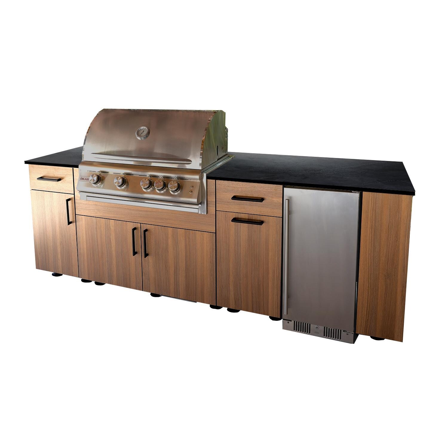 BBQGuys Signature Oasis 8 Ft Outdoor Kitchen Island w/ Blaze Propane Grill & Refrigerator in Noce Havana/Marquina Black - Island - White Background thumbnail