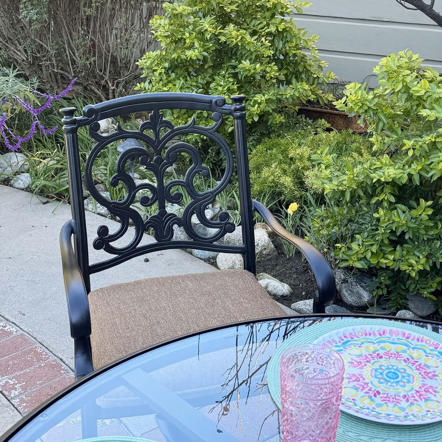 Santa Barbara 5 Pc Cast Aluminum Swivel / Rocker Dining Set in Antique Bronze/Sesame by Darlee - Close Up - Lifestyle thumbnail