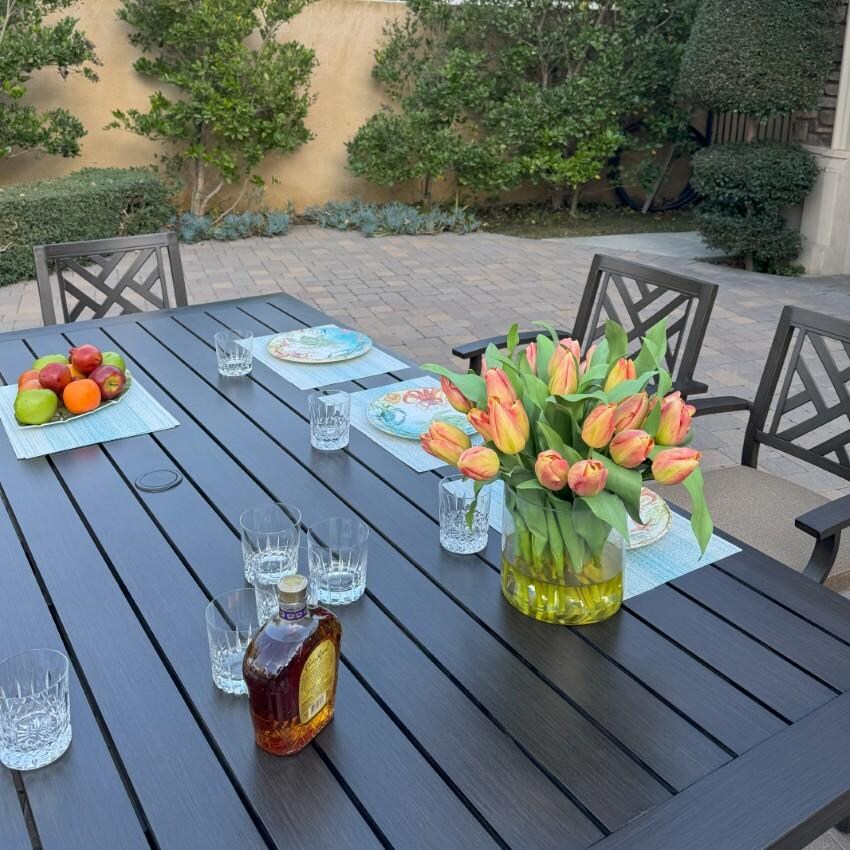 Darlee Brooklyn 9-Piece Patio Dining Set (with 7 Dining Chairs and 1 Bench) with Cushions and 59 X 88 Inch Rectangular Dining Table - Table in Use w/ Chairs - Lifestyle thumbnail