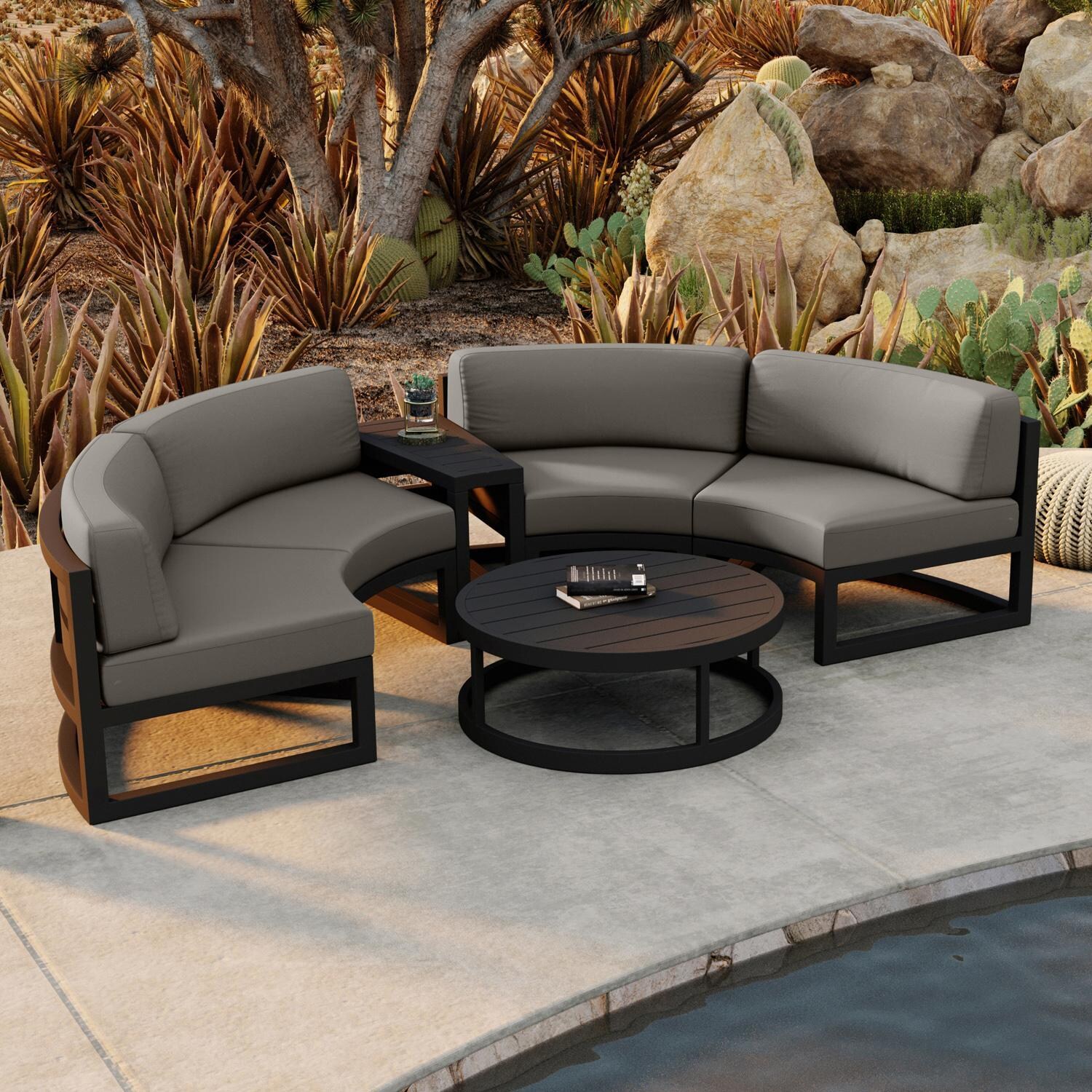 Lakeview MSTYCV-BK-4CSEC-CC Misty Cove 4 Pc Aluminum Curve Sectional Set in Black w/Coffee Table & Canvas Charcoal Cushions by Lakeview Outdoor Designs - Set by the Pool From Above - Lifestyle thumbnail