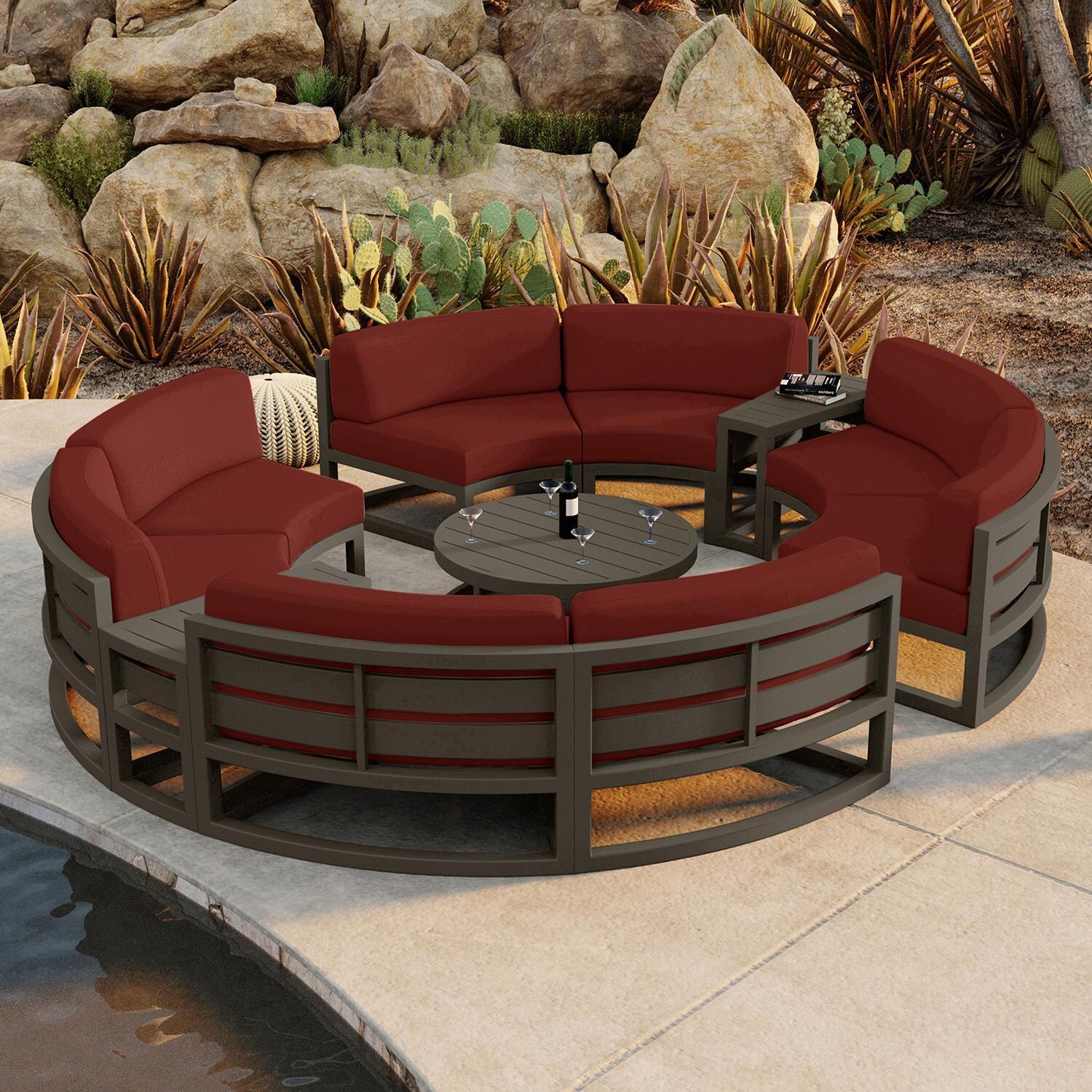 Misty Cove 7 Piece Curve Sectional Set in Slate w/Coffee Table & Canvas Henna Cushions by Lakeview - By the Water - Lifestyle thumbnail