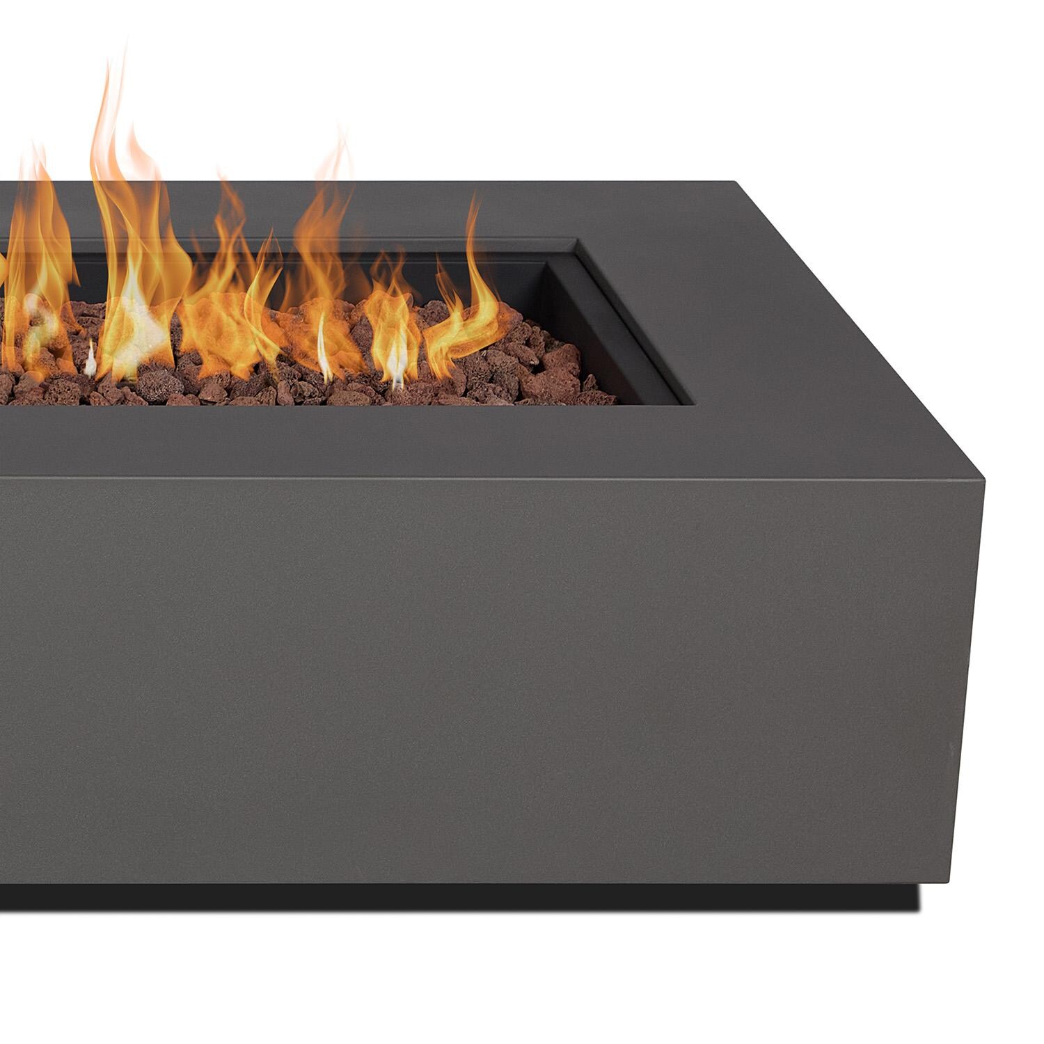 Elysian 75-in Rectangular Steel Propane Fire Pit Table in Weathered Slate by Lakeview - Lit Up Close - Detail thumbnail