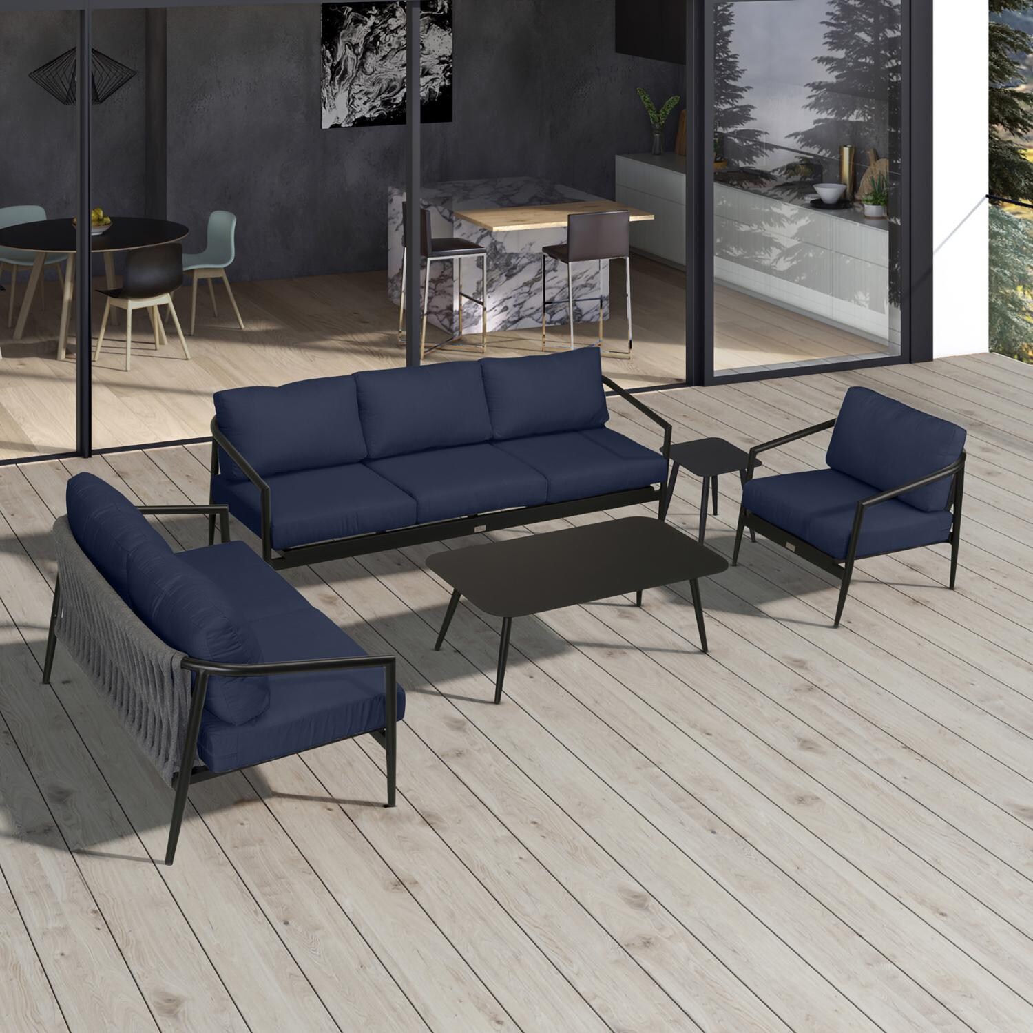 Lakeview Midnight Cove 5 Pc Aluminum Sofa Seating Set in Black/Carbon/Spectrum Indigo - Top - Lifestyle thumbnail