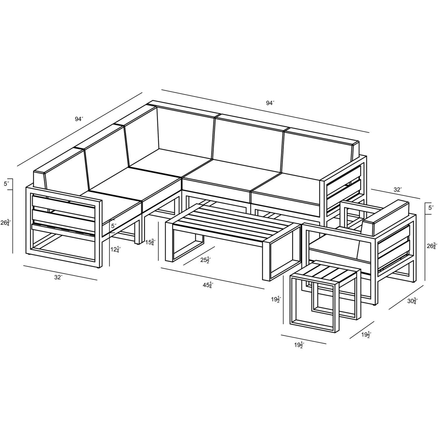 Lakeview MSTYCV-BK-8SEC-IN Misty Cove 8 Pc Aluminum Sectional Set in Black w/Coffee Table & Spectrum Indigo Cushions by Lakeview Outdoor Designs - Line Drawing - Dimensional thumbnail