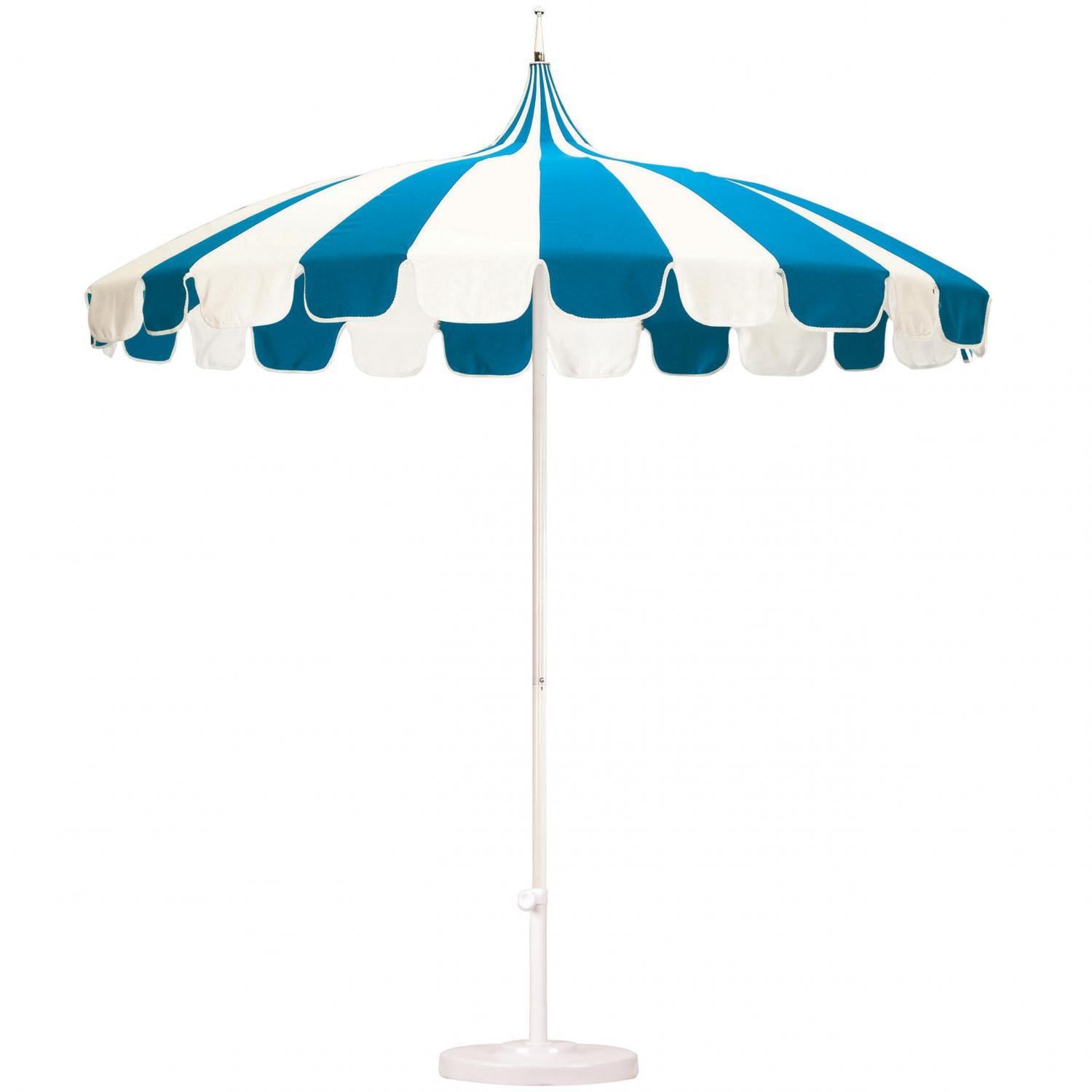 California Umbrella Pagoda Series 8.5 Ft Round Aluminum Pagoda Patio Umbrella W/ Push Lift & Steel Wire Ribs - White Frame / Pacific Blue Stripe Canopy
