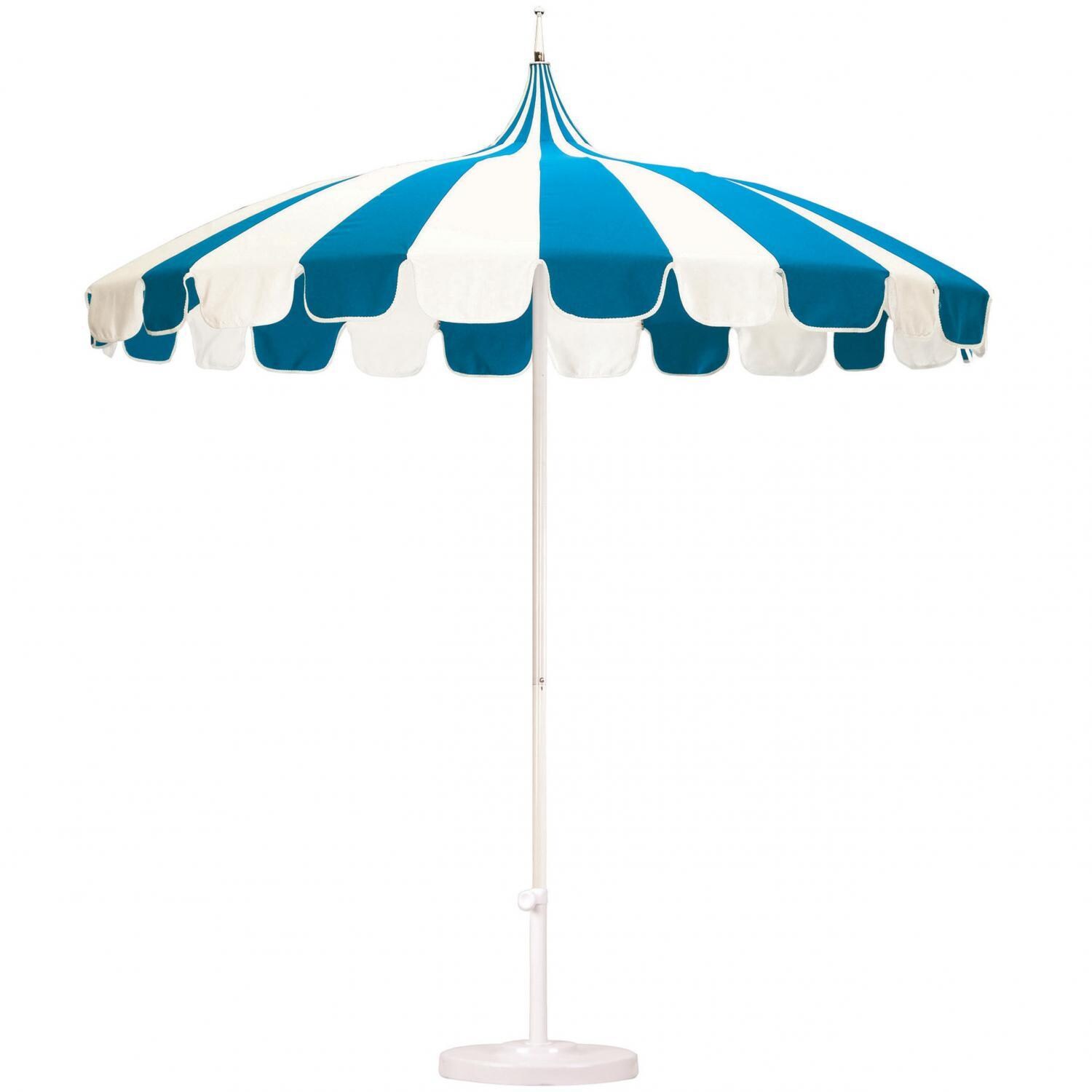 California Umbrella Pagoda Series 8.5 Ft Round Aluminum Pagoda Patio Umbrella W/ Push Lift & Steel Wire Ribs - White Frame / Pacific Blue Stripe Canopy - White Background thumbnail