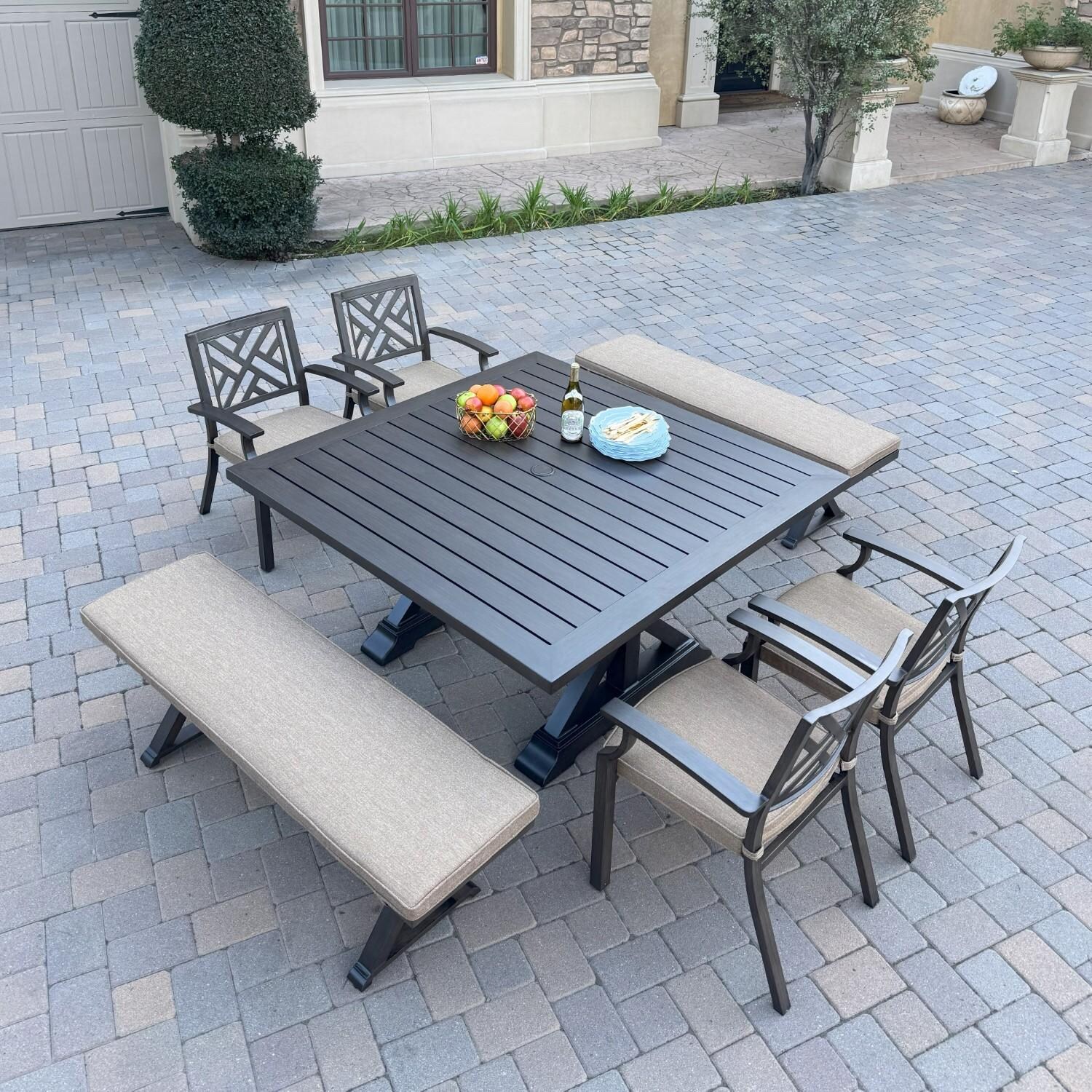 Brooklyn 7 Pc Aluminum Dining Set w/ 59 Inch Square Table in Sesame/Multi-brown by Darlee - Hero - Lifestyle thumbnail