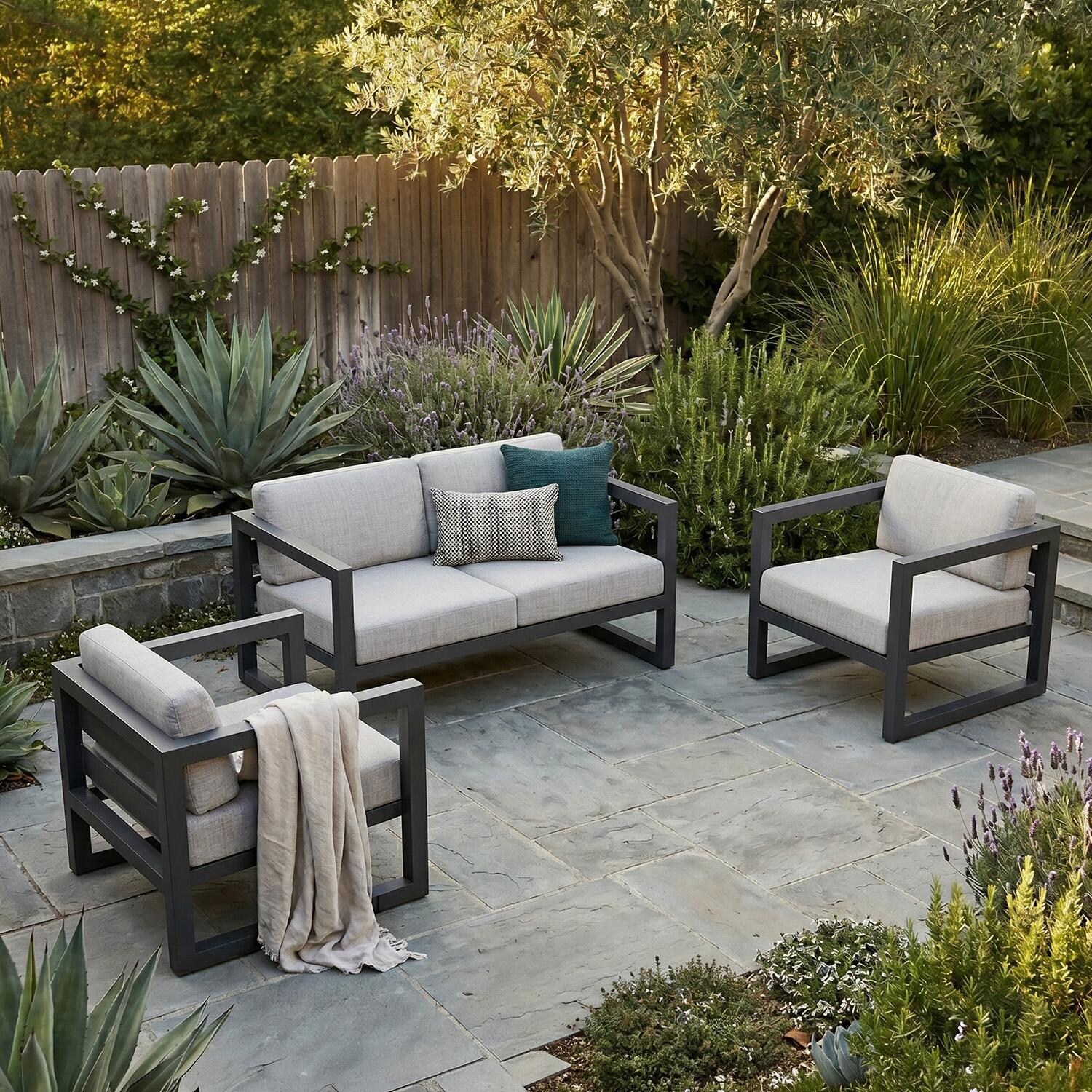 Misty Cove 3 Pc Aluminum Seating Set w/ Loveseat in Slate/Cast Silver by Lakeview Outdoor Designs