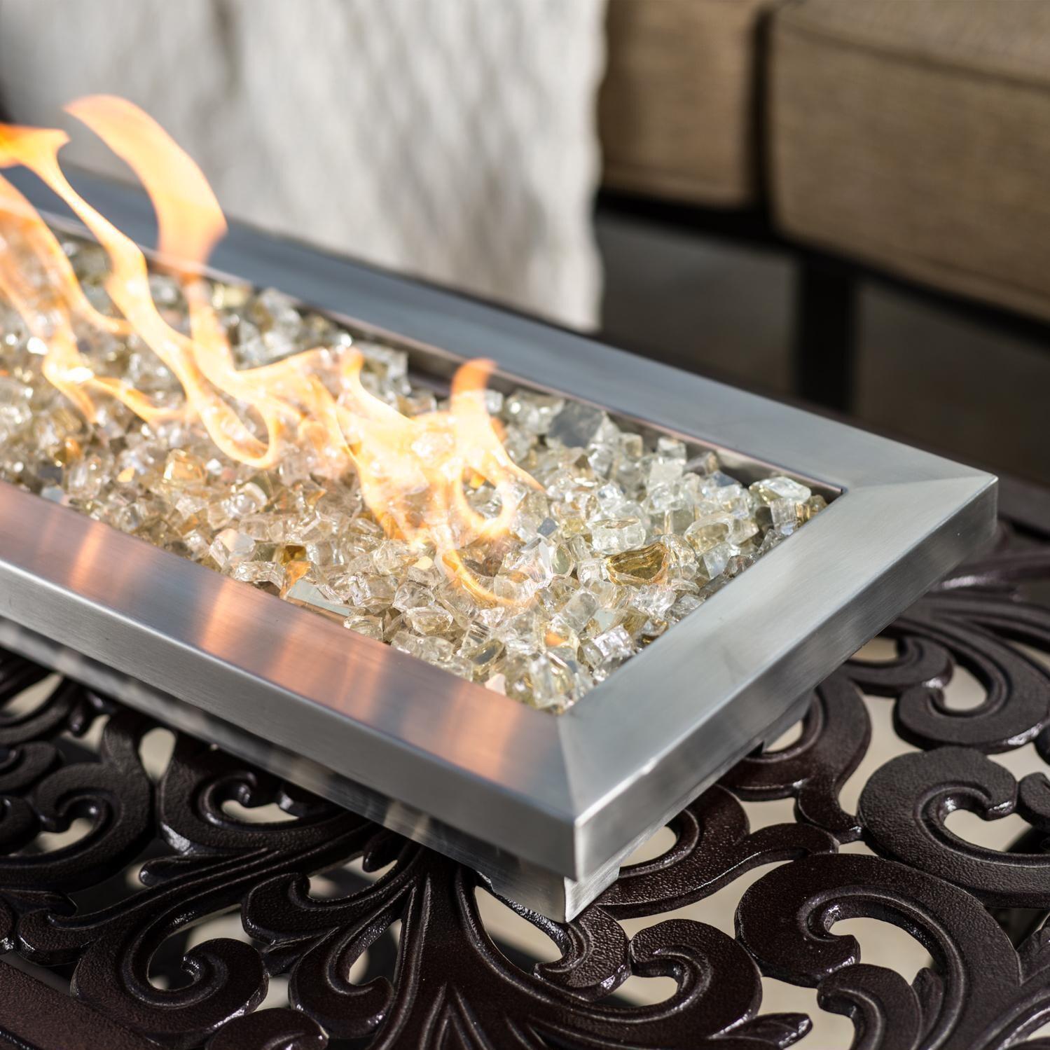 BBQGuys Signature Series Lavelle 24-Inch Table-Top Natural Gas Fire Pit - Stainless Steel - Top View - Shown with 1/2 inch White Gold Reflective Fire Glass thumbnail