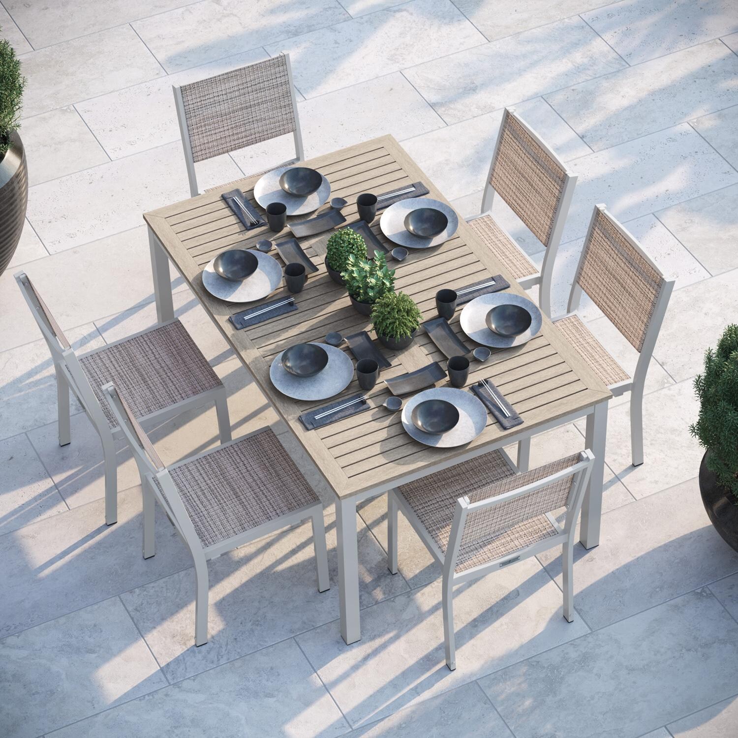 Travira 7 Pc Composite Sling & Aluminum Dining Set W/ Vintage Tekwood in Flint/Bellows By Oxford Garden