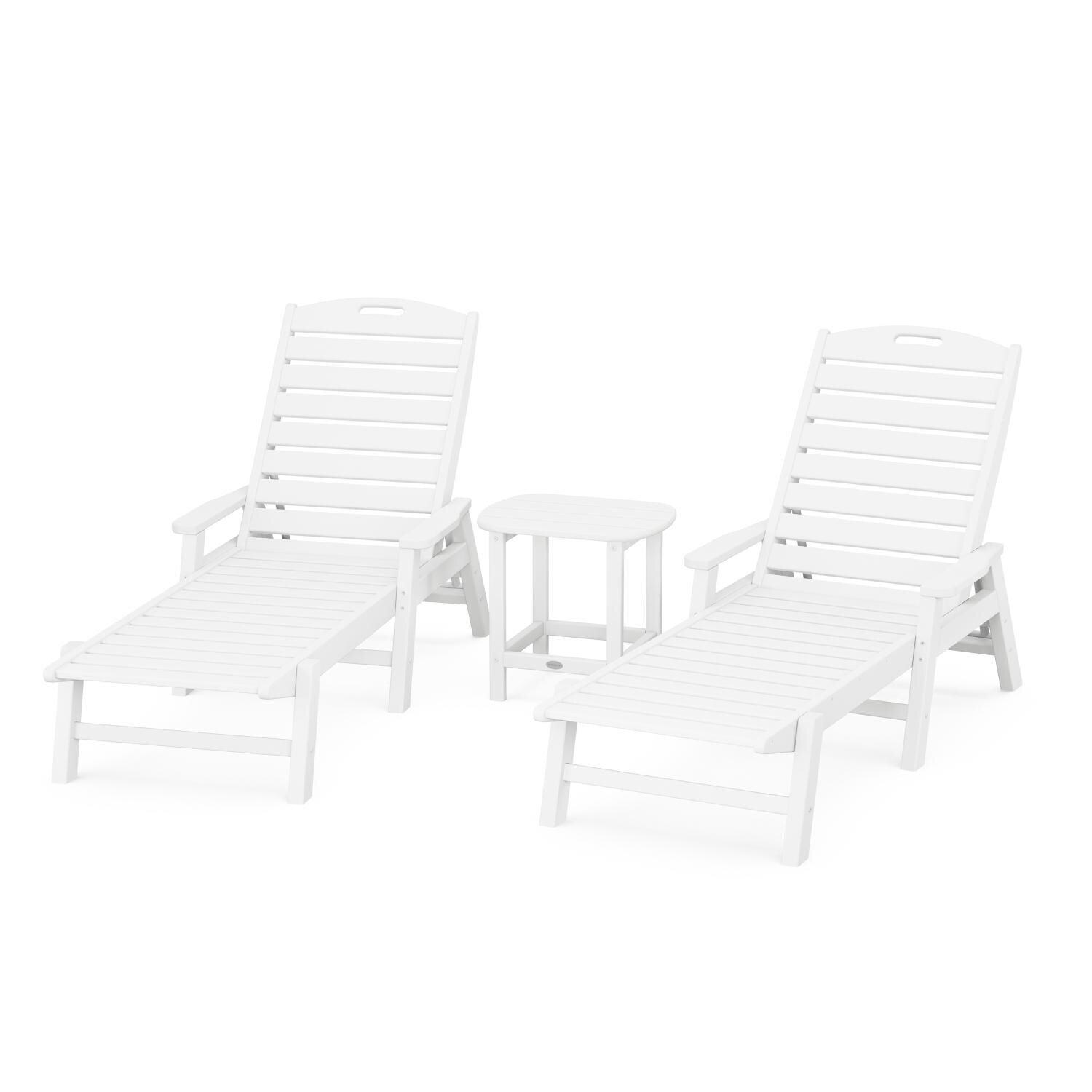 POLYWOOD Nautical 3-Piece Chaise Lounge W/Arms Set W/South Beach 18 Inch Side Table - White thumbnail