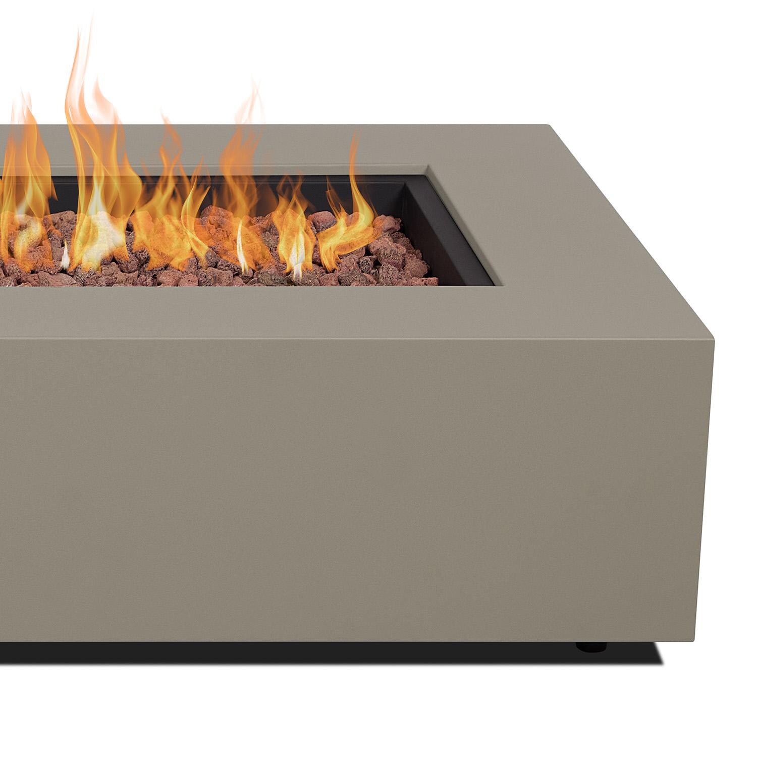 Elysian 75-in Rectangular Steel Propane Fire Pit Table in Mist Gray by Lakeview - Lit Up Close - Detail thumbnail