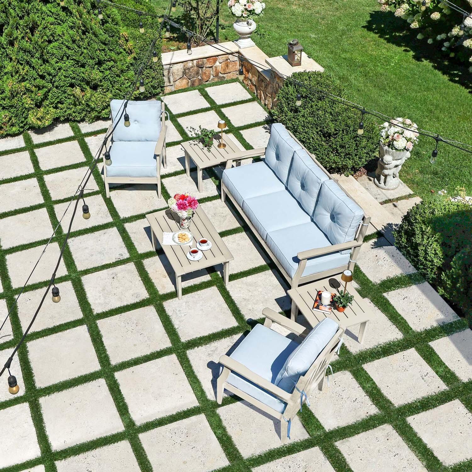 Blushing Bay 6 Pc Recycled Plastic Seating Set w/ Sofa in Bliss Dew/Whitewash by Lakeview Outdoor Designs - Top View - Lifestyle thumbnail
