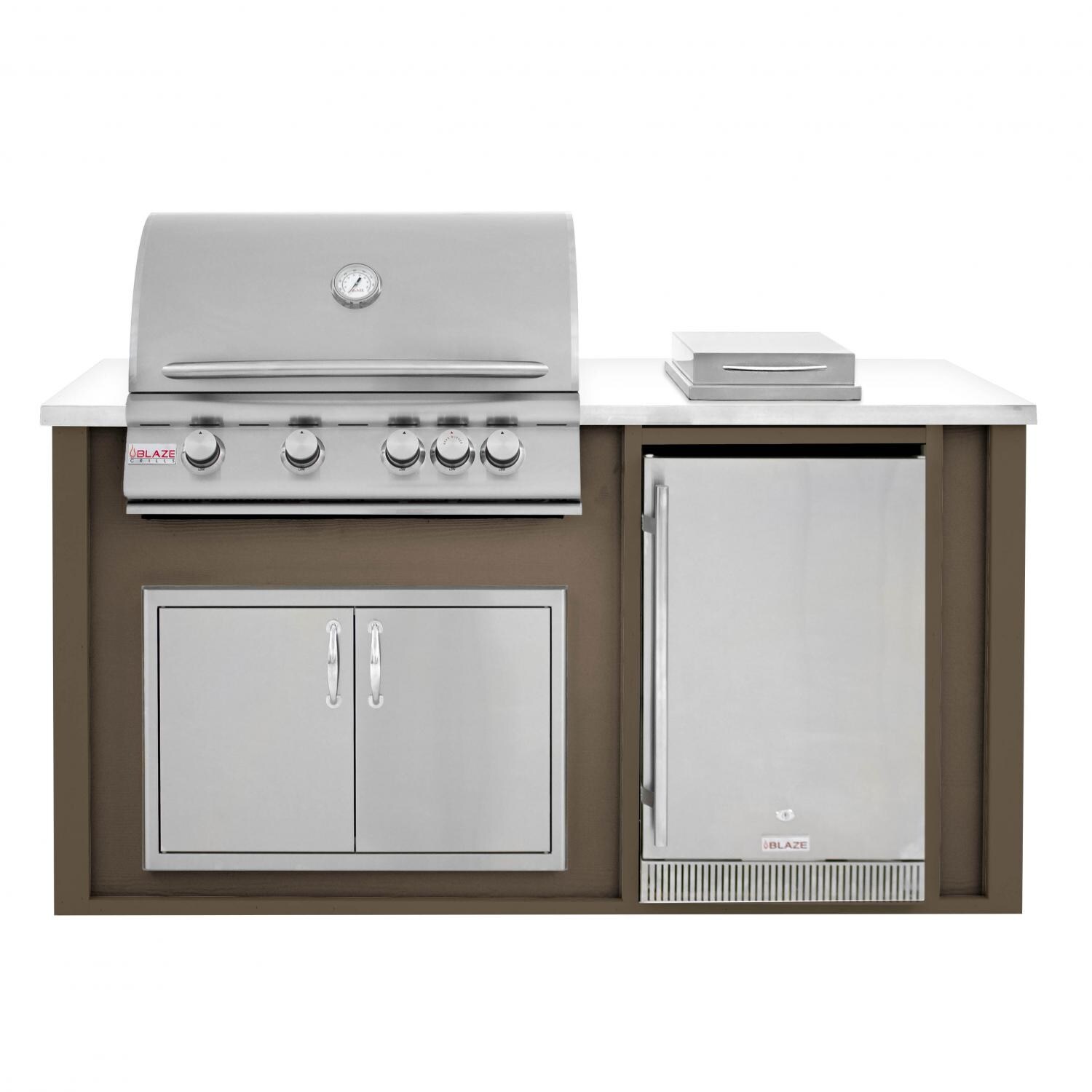 BBQGuys 6 Ft BBQ Island With Blaze 32-Inch Natural Gas Grill, Double Access Door, Outdoor-Rated Compact Refrigerator & Side Burner - Brown/White - BLZAD4.1SBNG-6SBVP4HBNW