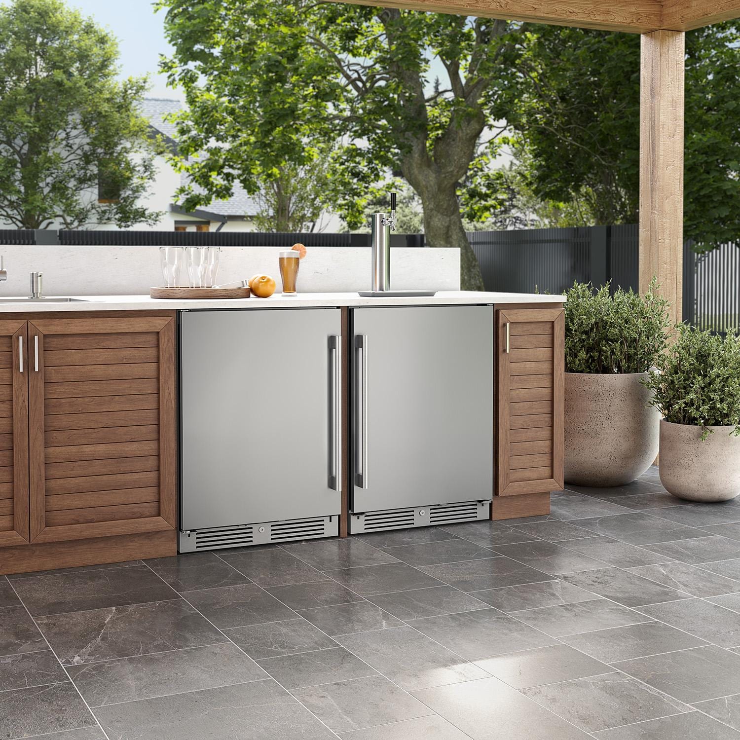 Zephyr PRKB24C01AS-OD Presrv 24 Inch Outdoor Kegerator & Beverage Cooler - Installed Angled View - Lifestyle thumbnail
