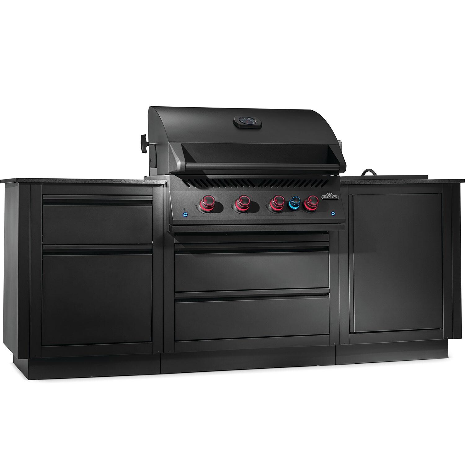 Napoleon ODK301-BIG32RBNMK-1 Oasis 301 Outdoor Kitchen Island w/ Side Burner & 700 Series 32-in Natural Gas Grill Head - Red LED Infrared Burner Knobs On - Side View - White Background thumbnail
