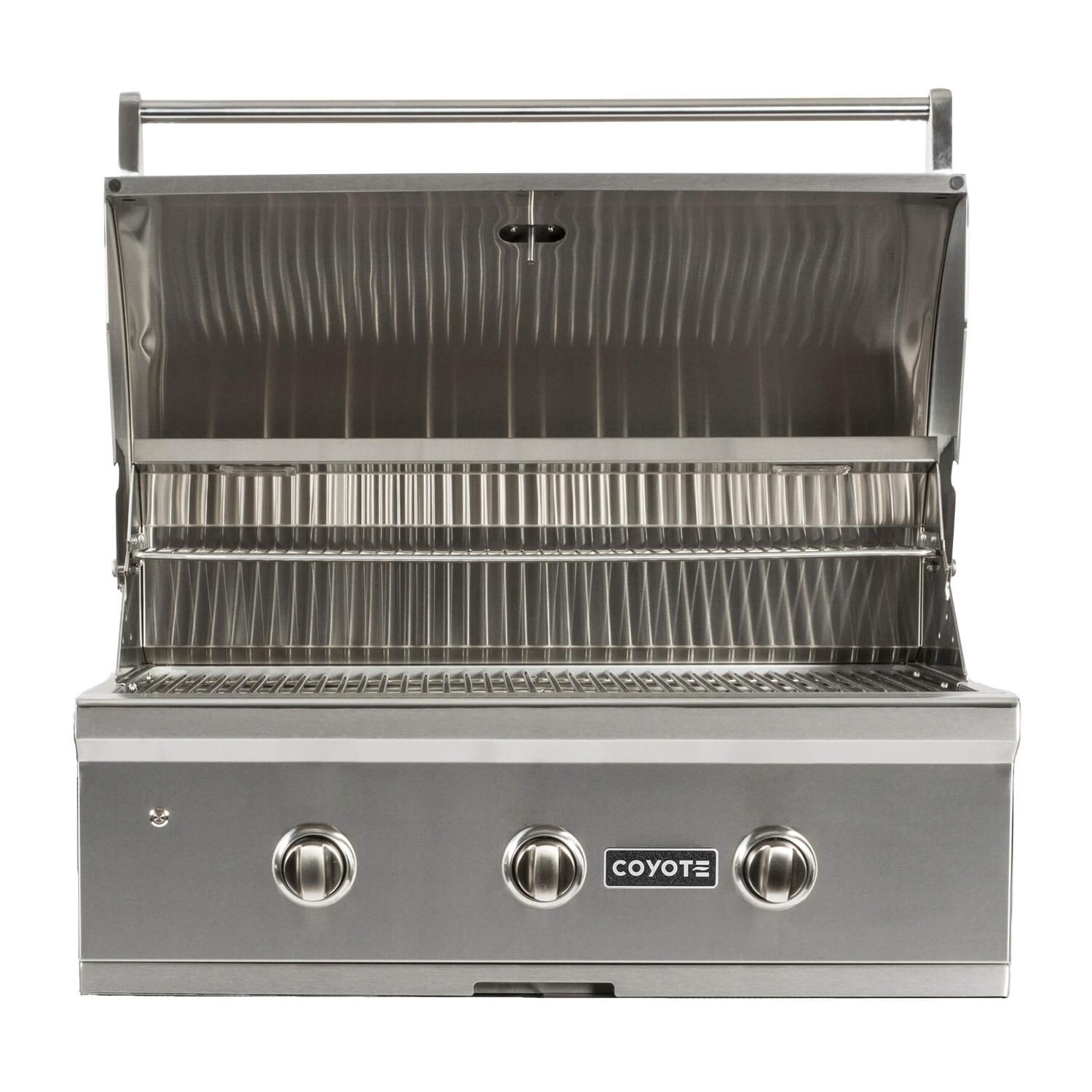 Coyote RTAC-G6-SB-C2C34NG Ready-To-Assemble 6 Ft Outdoor Kitchen Island With 34-Inch C-Series Natural Gas Grill - Stacked Stone/Brown Terra - Open Lid thumbnail