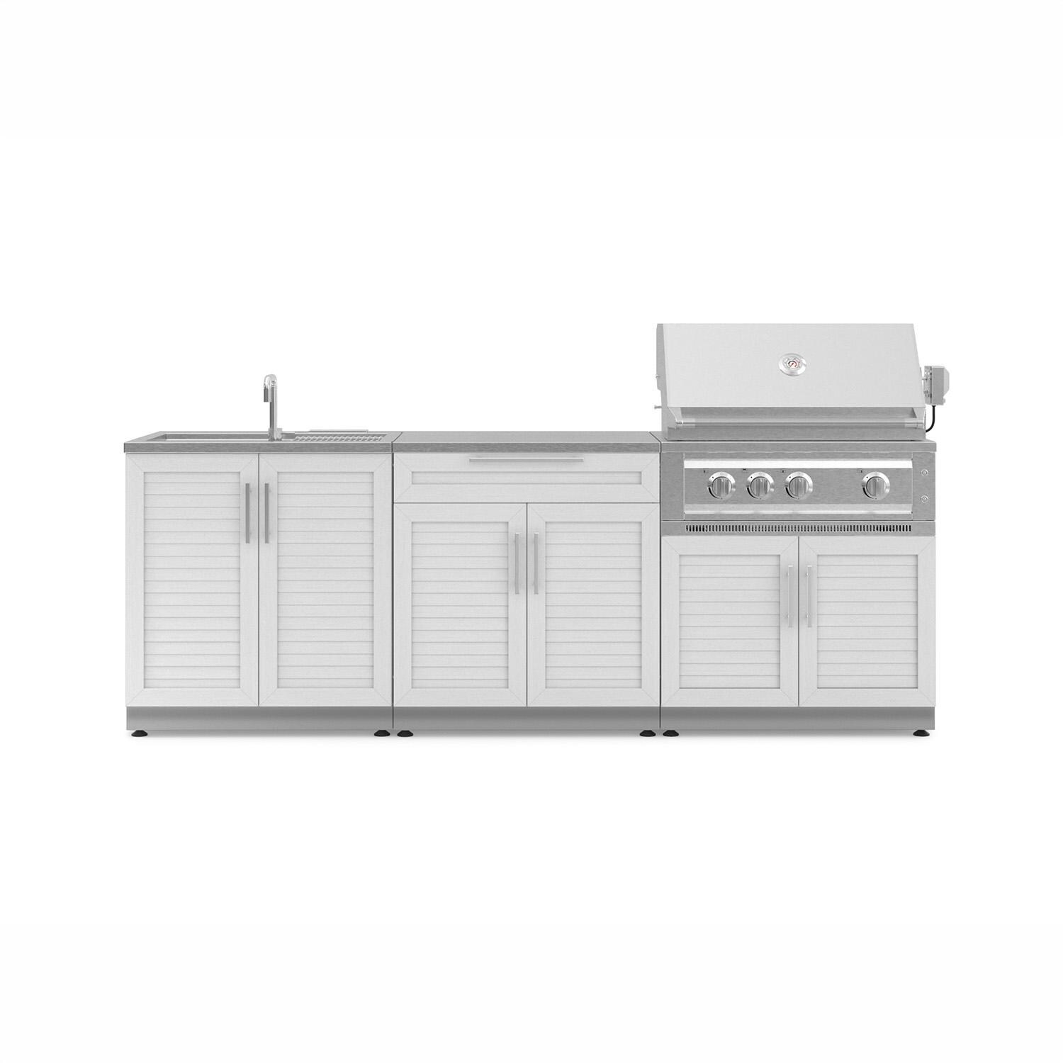 NewAge Products Classic Series 8 Ft Outdoor Kitchen Island w/ 33-in Natural Gas Grill, Sink, Trash Bin, Door & Drawer in White/Stainless Steel