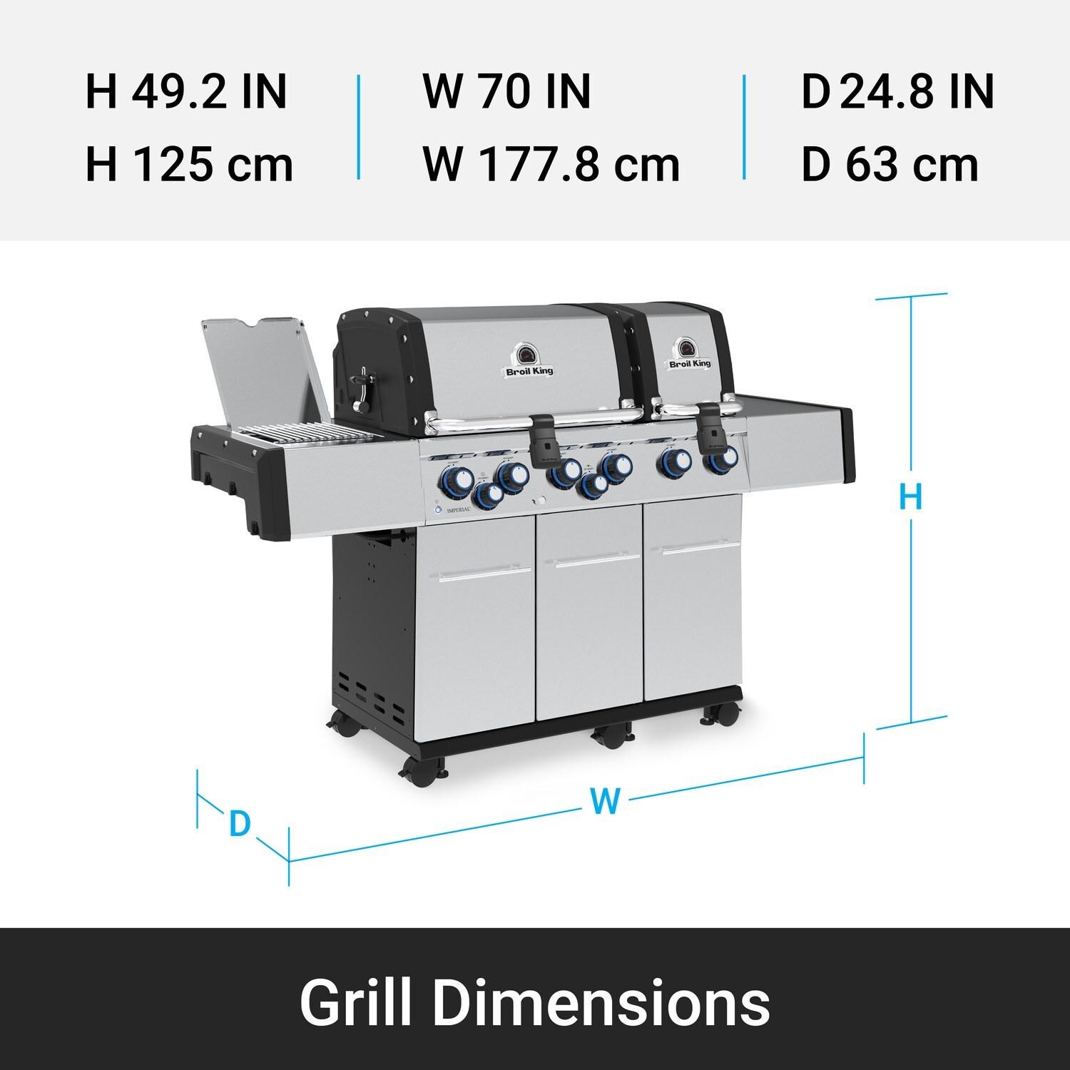Broil King 957944 Regal S 690 PRO IR 6-Burner Propane Gas Grill With Rotisserie & Infrared Side Burner - Stainless Steel - Grill Dimensions - Dimensional thumbnail