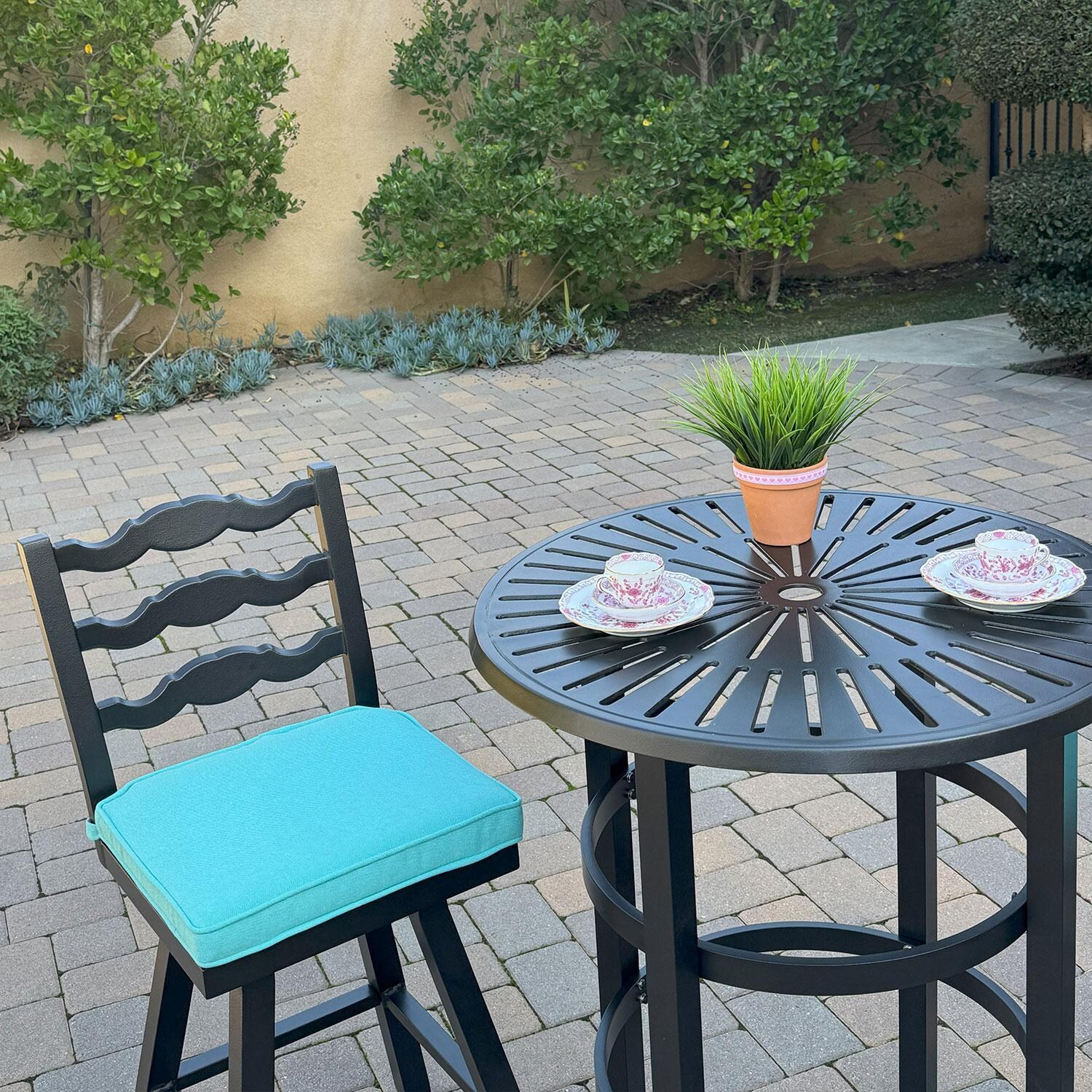 Aspen Aluminum 3 Pc Patio Bar Set w/ 30-in Round Bar Table in Blue by Darlee - Left Bar Stool w/ Bar Set - Lifestyle thumbnail