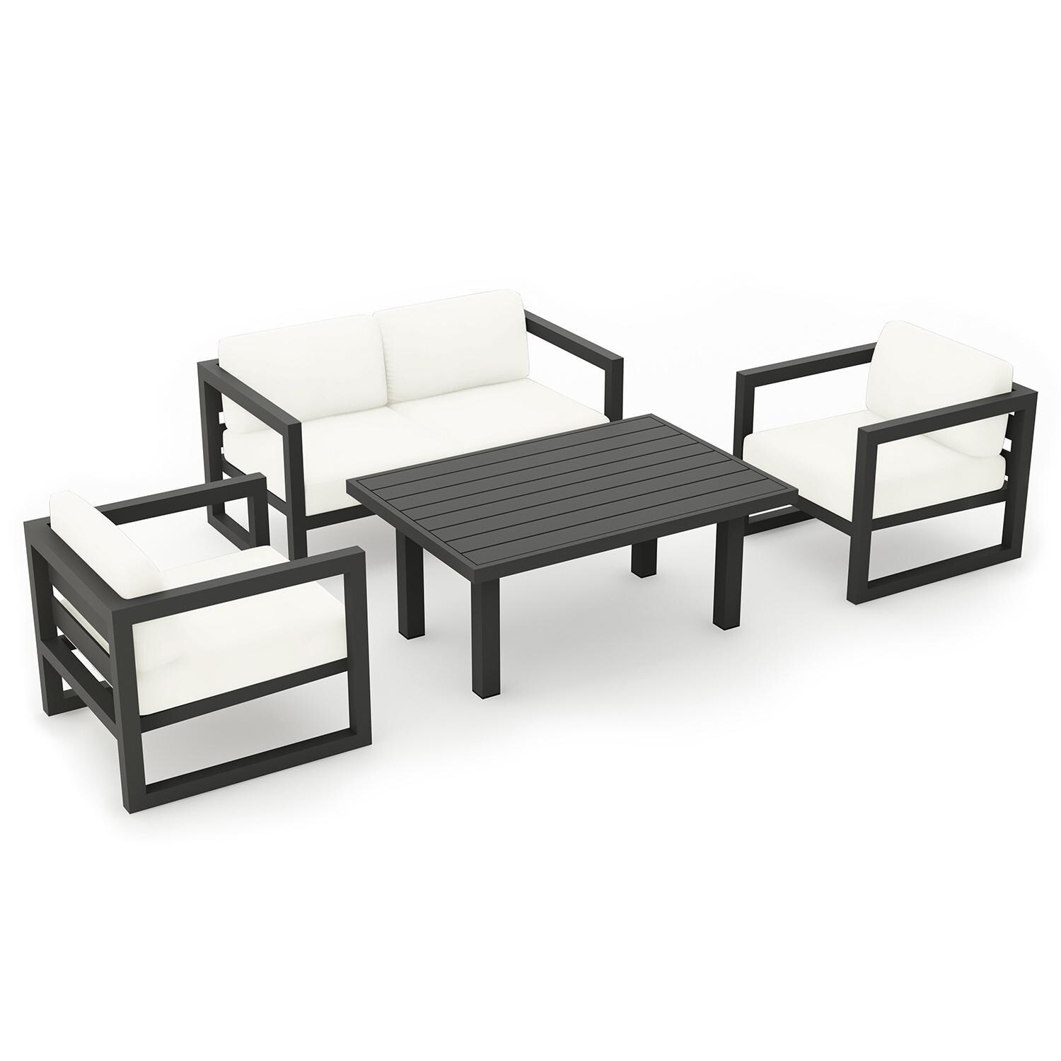 Misty Cove 4 Piece Seating Set in Slate w/Chat Table & Canvas Natural Cushions by Lakeview - Top Angle View - White Background thumbnail