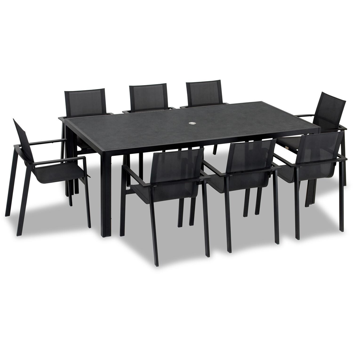 Spring Bay 9 Piece Dining Set in Black - Angled View From Above - White Background thumbnail