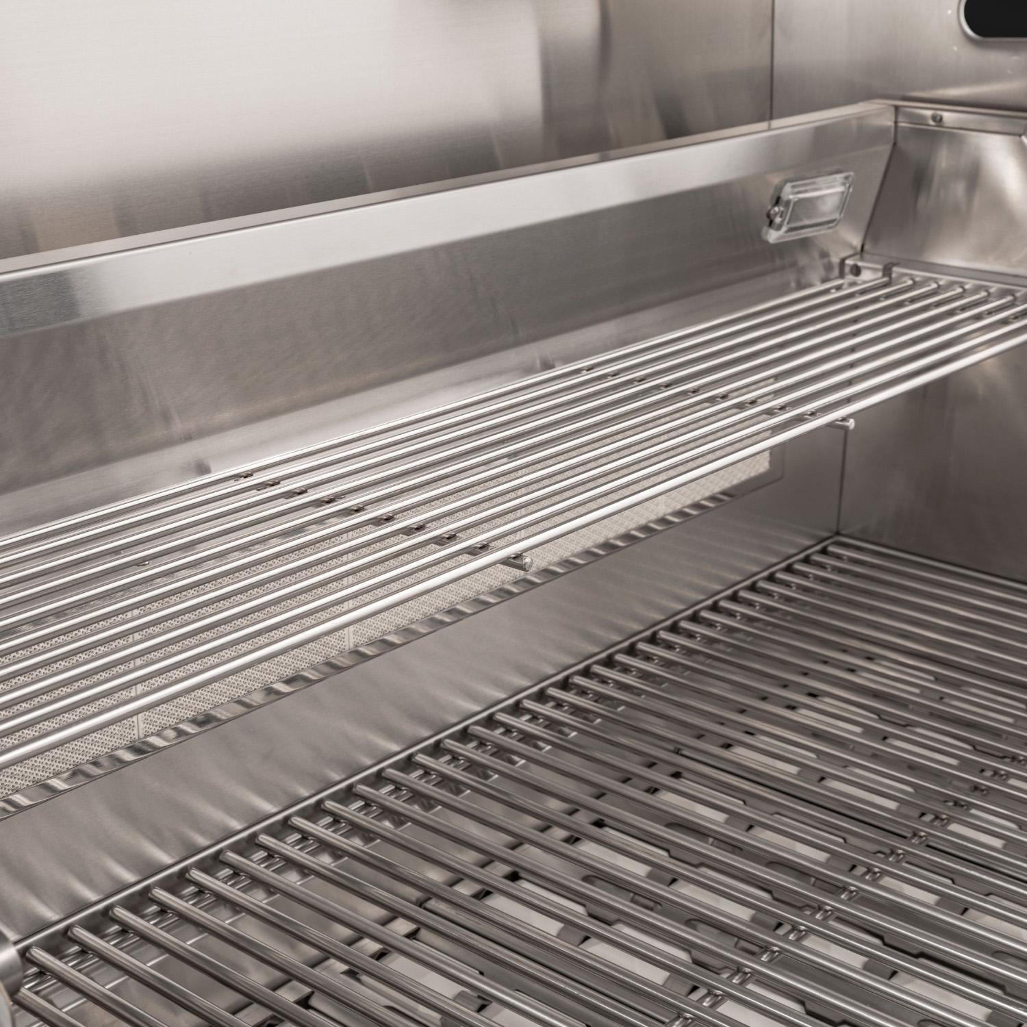 NewAge Products 67902 Classic Series 10 1/2 Ft Outdoor Kitchen Island w/ 36-in Natural Gas Grill, Refrigerator, Trash Bin, Door & Drawer in Grove/Stainless Steel - Warming Rack - Detail thumbnail