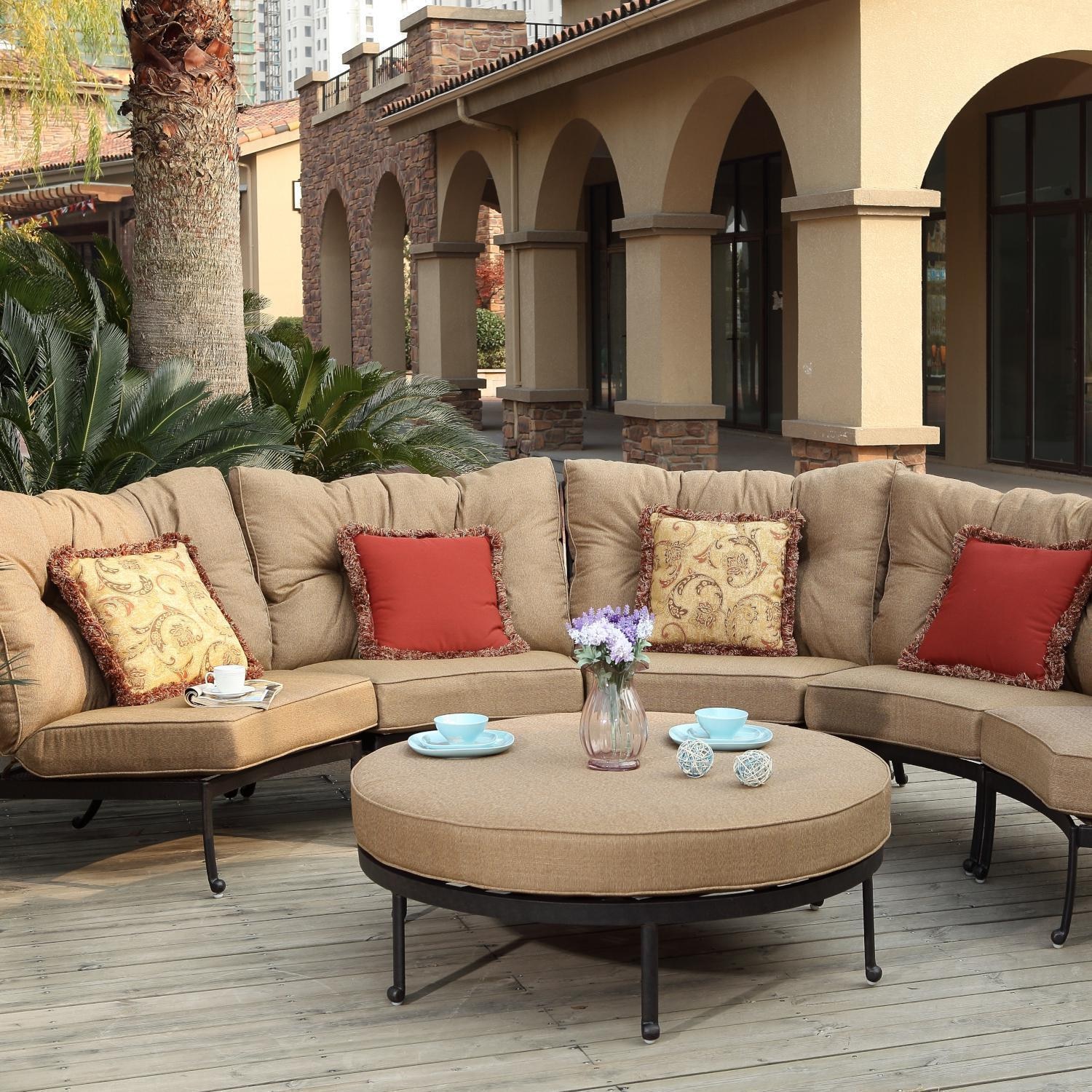 Santa Anita 6 Pc Cast Aluminum Sectional Seating Set w/ Round Ottoman in Antique Bronze/Heather Beige Sunbrella by Darlee