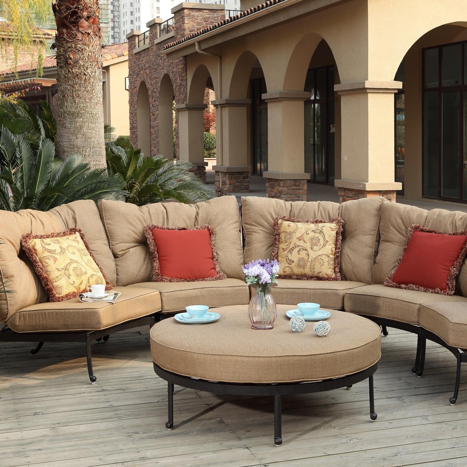 Santa Anita 6 Pc Cast Aluminum Sectional Seating Set w/ Round Ottoman in Antique Bronze/Heather Beige Sunbrella by Darlee